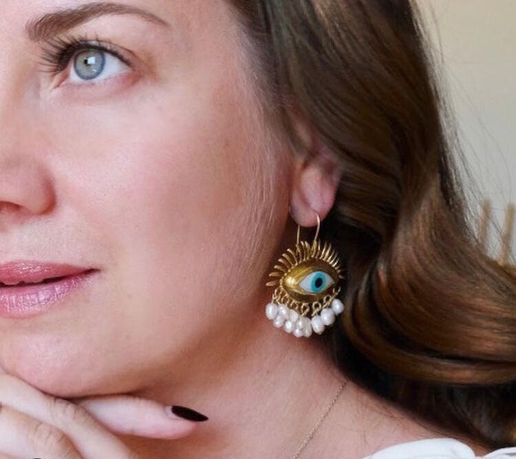 Evil Eye Protection Earrings, Freshwater Pearl Dangle Earrings