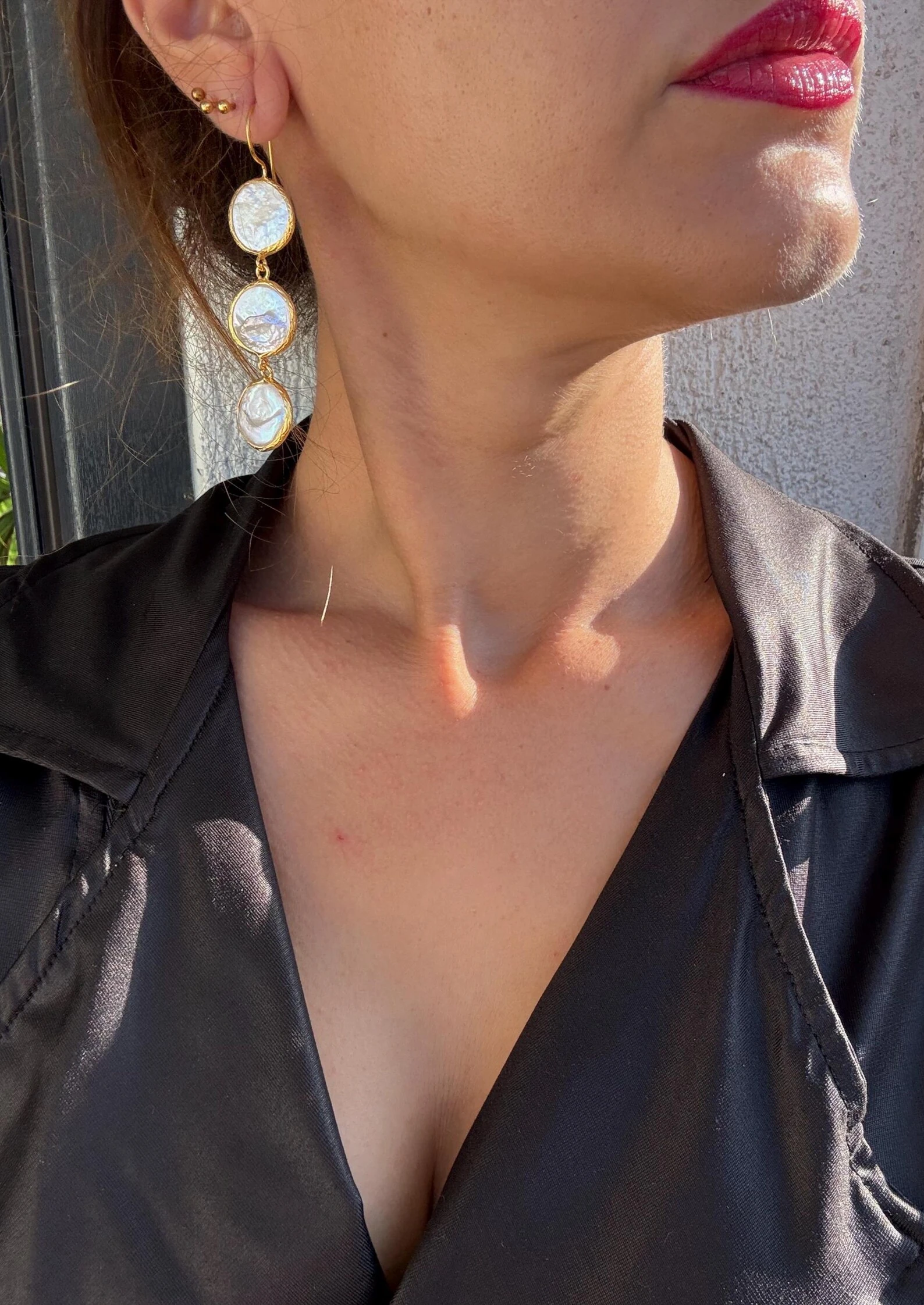 Üçlü Madeni Para İnci Uzun Küpeler