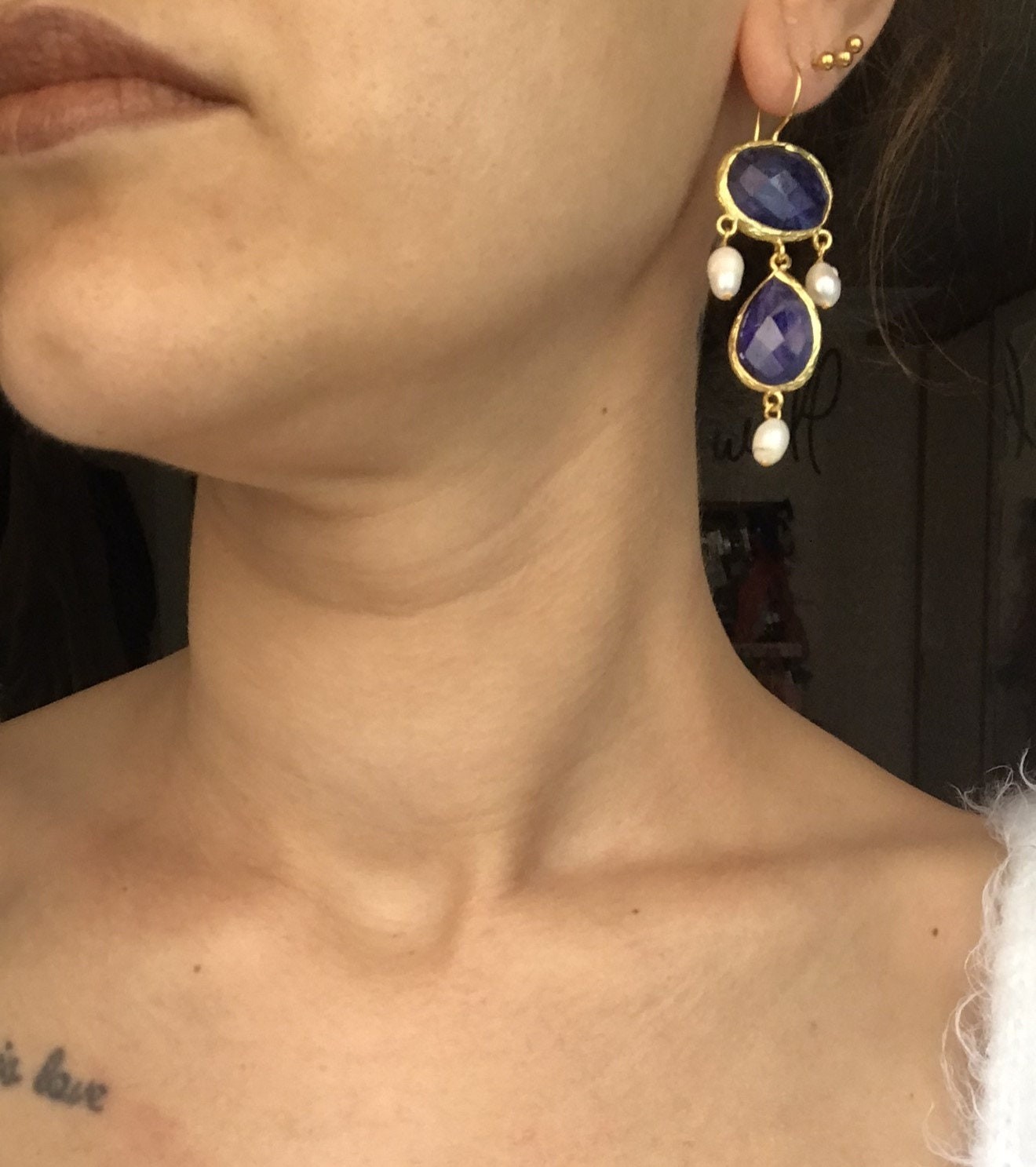 YENİ ! İnci Uçlu Safir Küpeler, Doğal Taş İnci Tasarım Küpeler