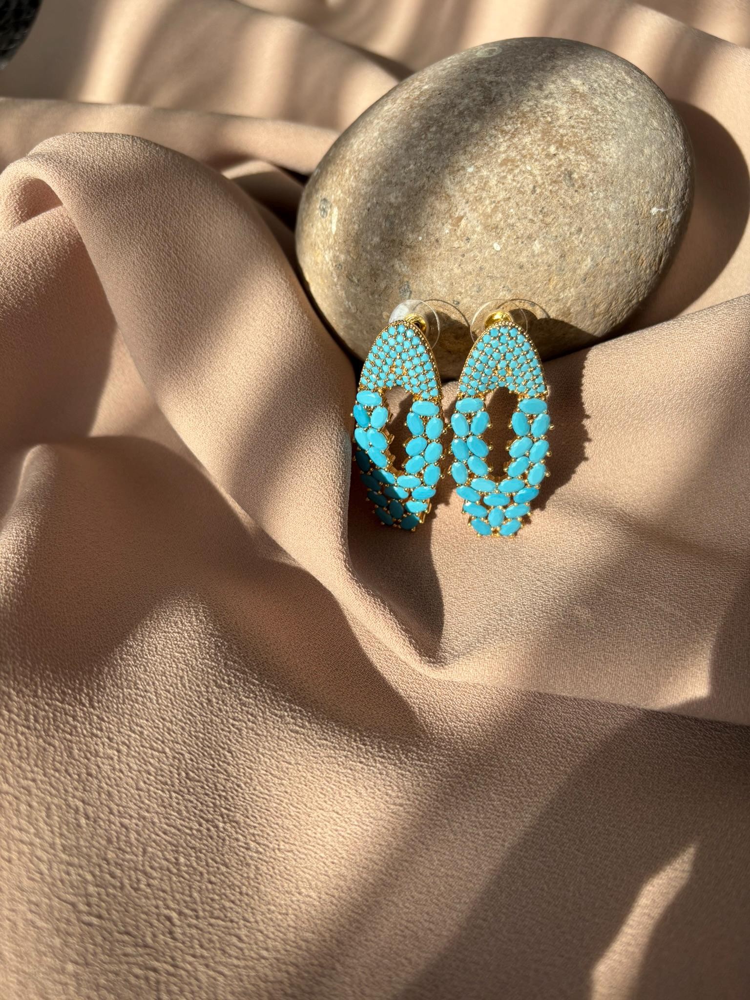 YENİ ! Turkuaz Zirkon Taşlı Oval Küpe, Özel Tasarım El Yapımı Bronz Küpe
