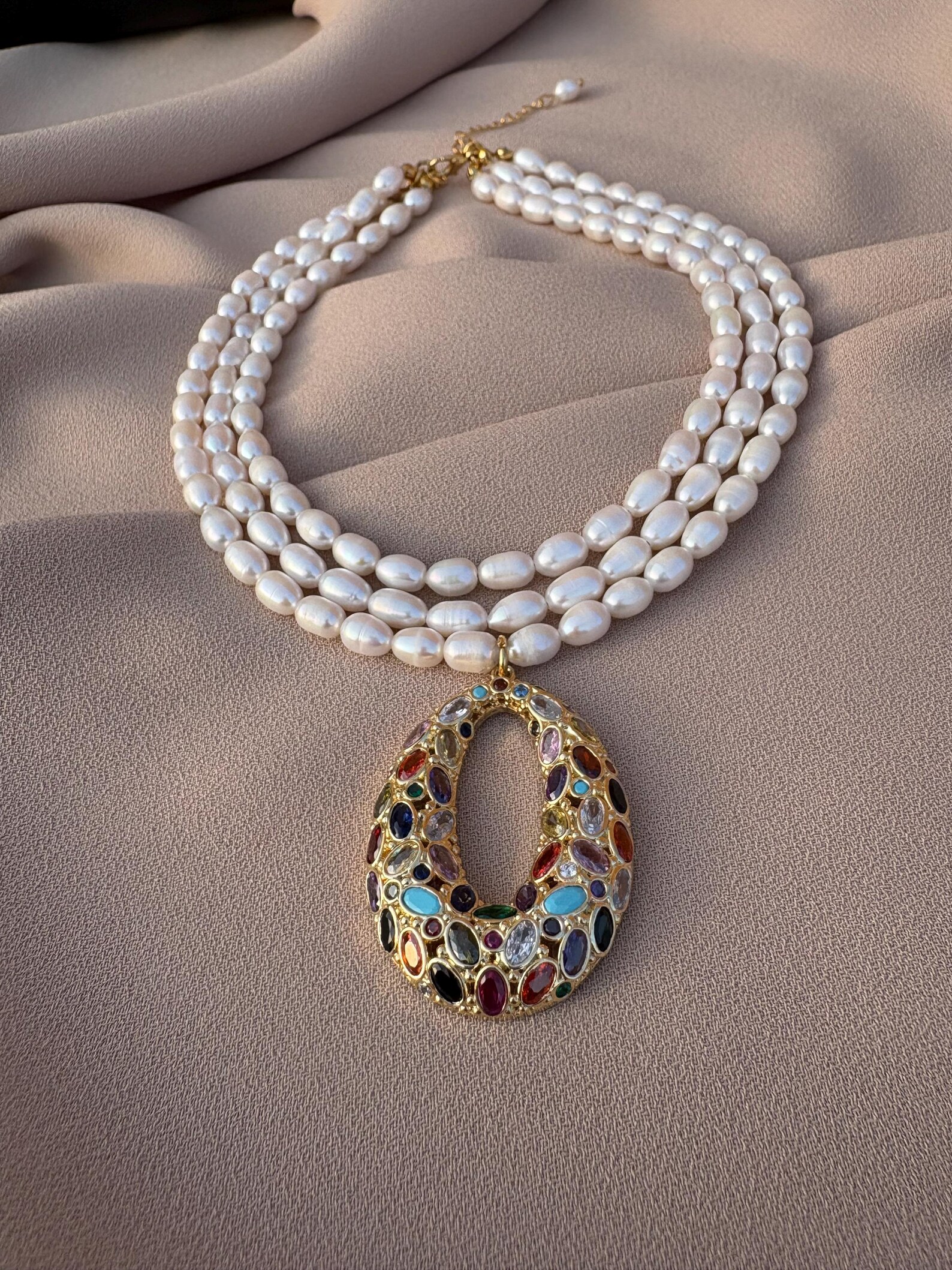 Mix Zirkon Taşlı Döküm İnci Kolye