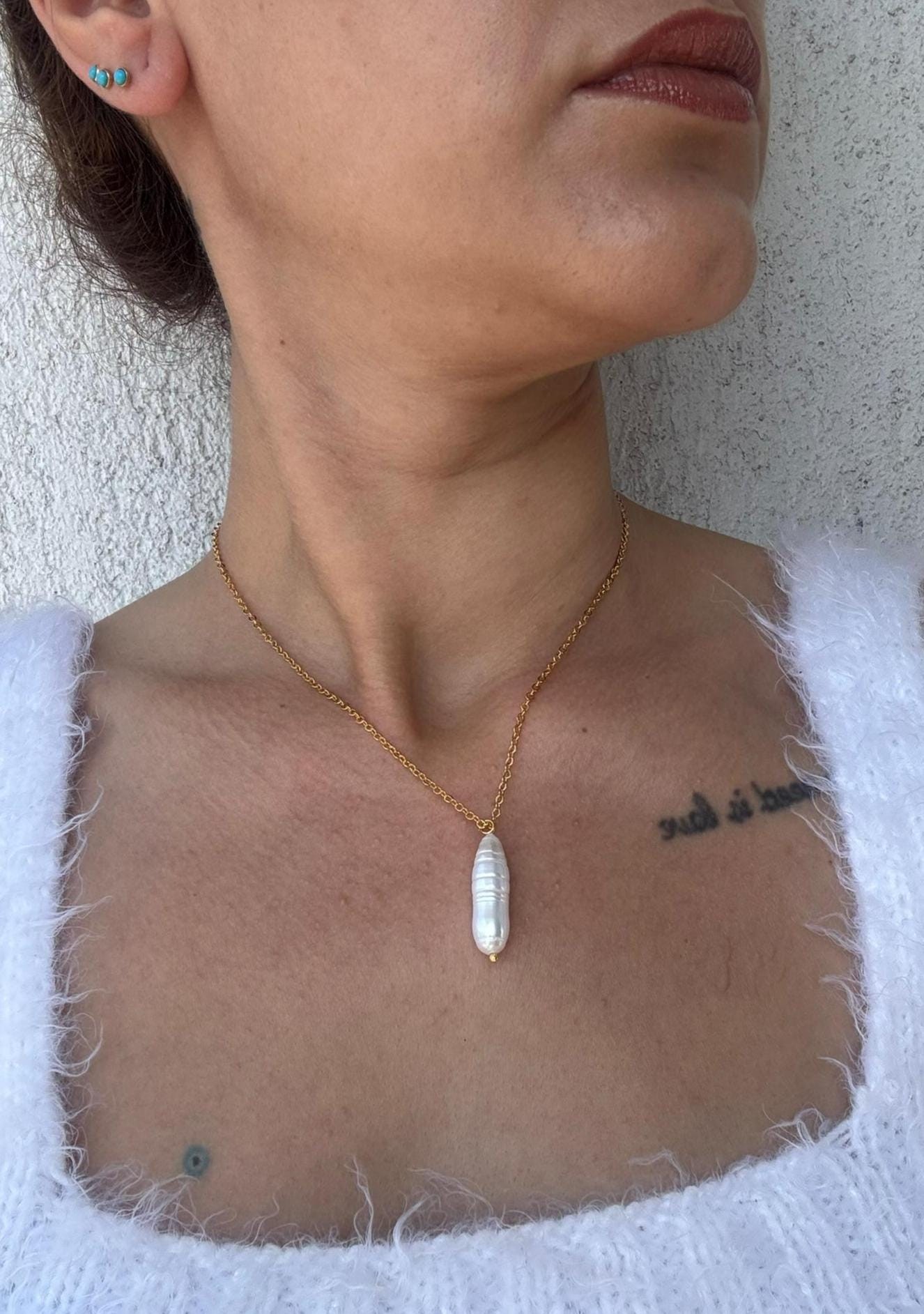 YENİ ! Silindir Dikey Barok İnci Zincir Kolye