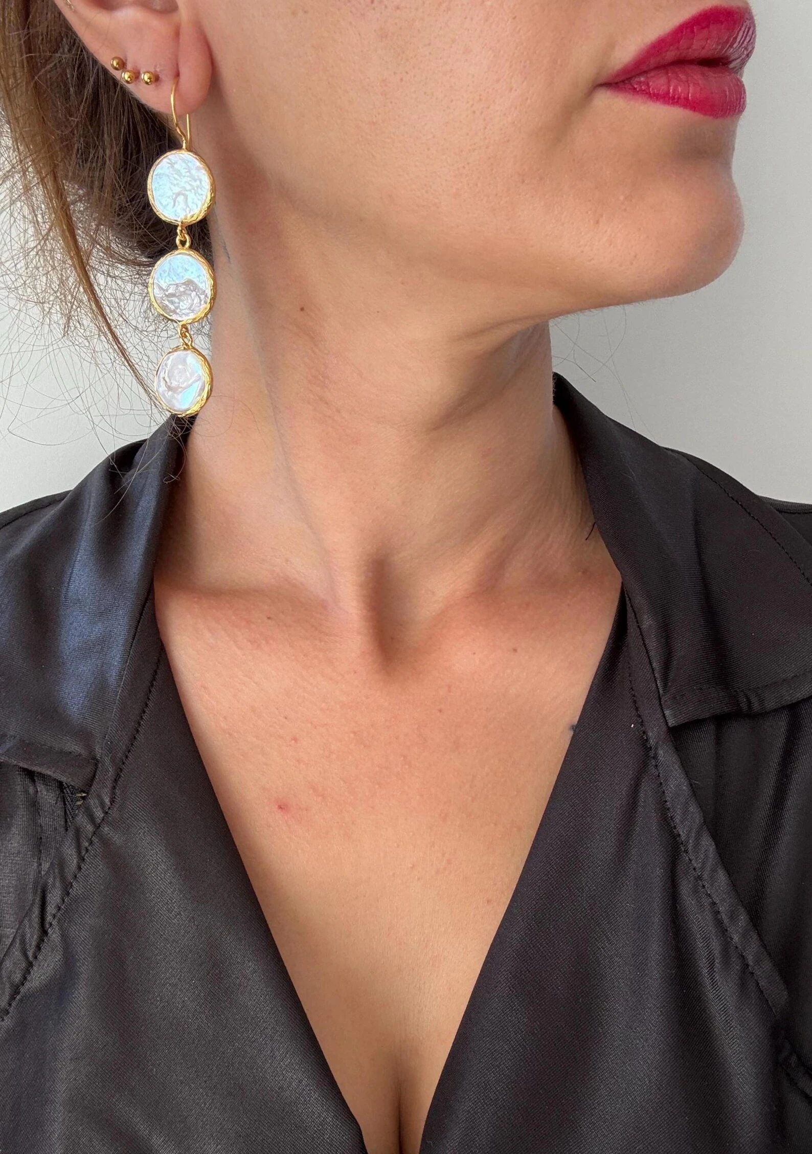 Üçlü Madeni Para İnci Uzun Küpeler