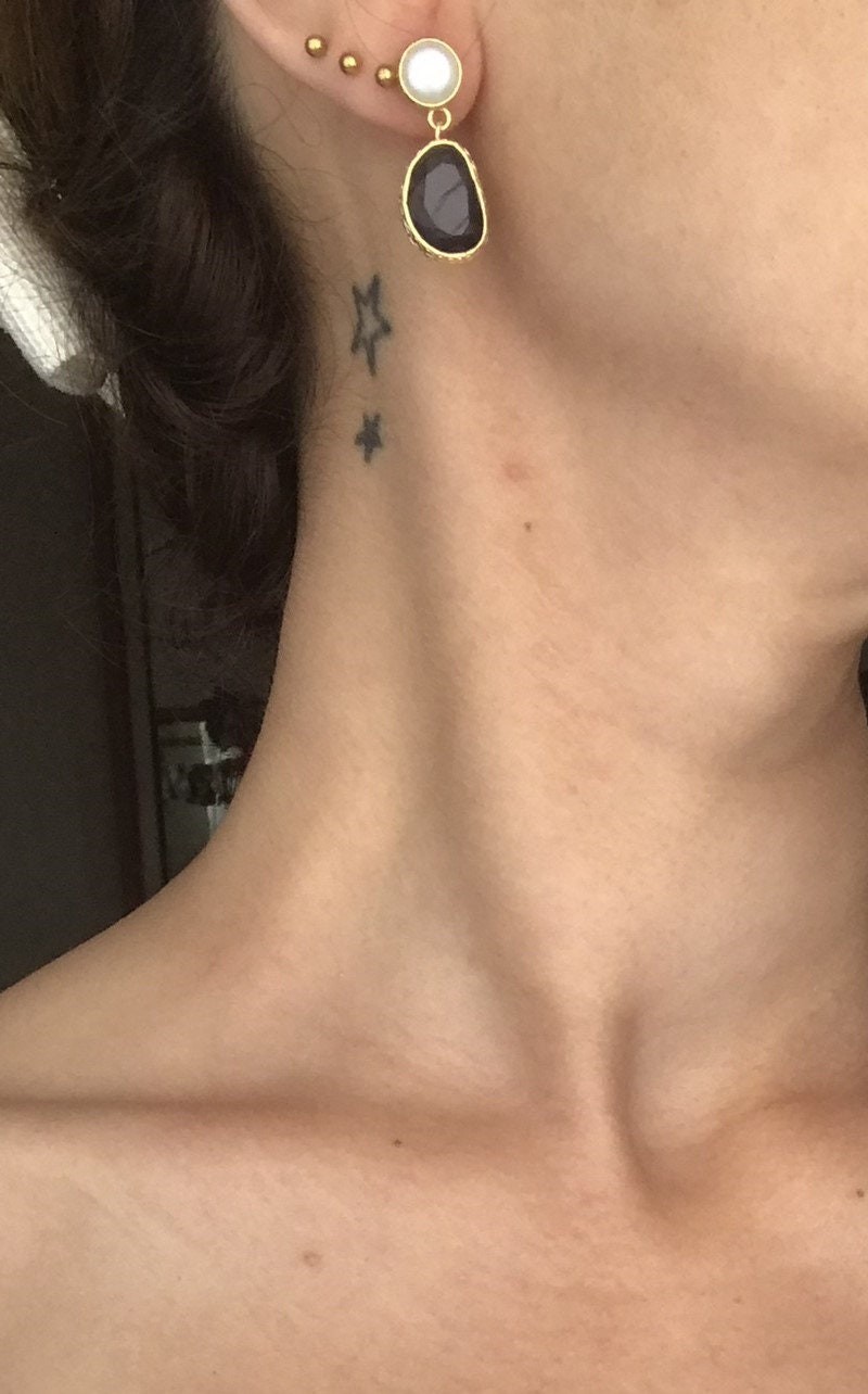 YENİ ! Kedi Gözü Taşlı İnci Kombin Küpe