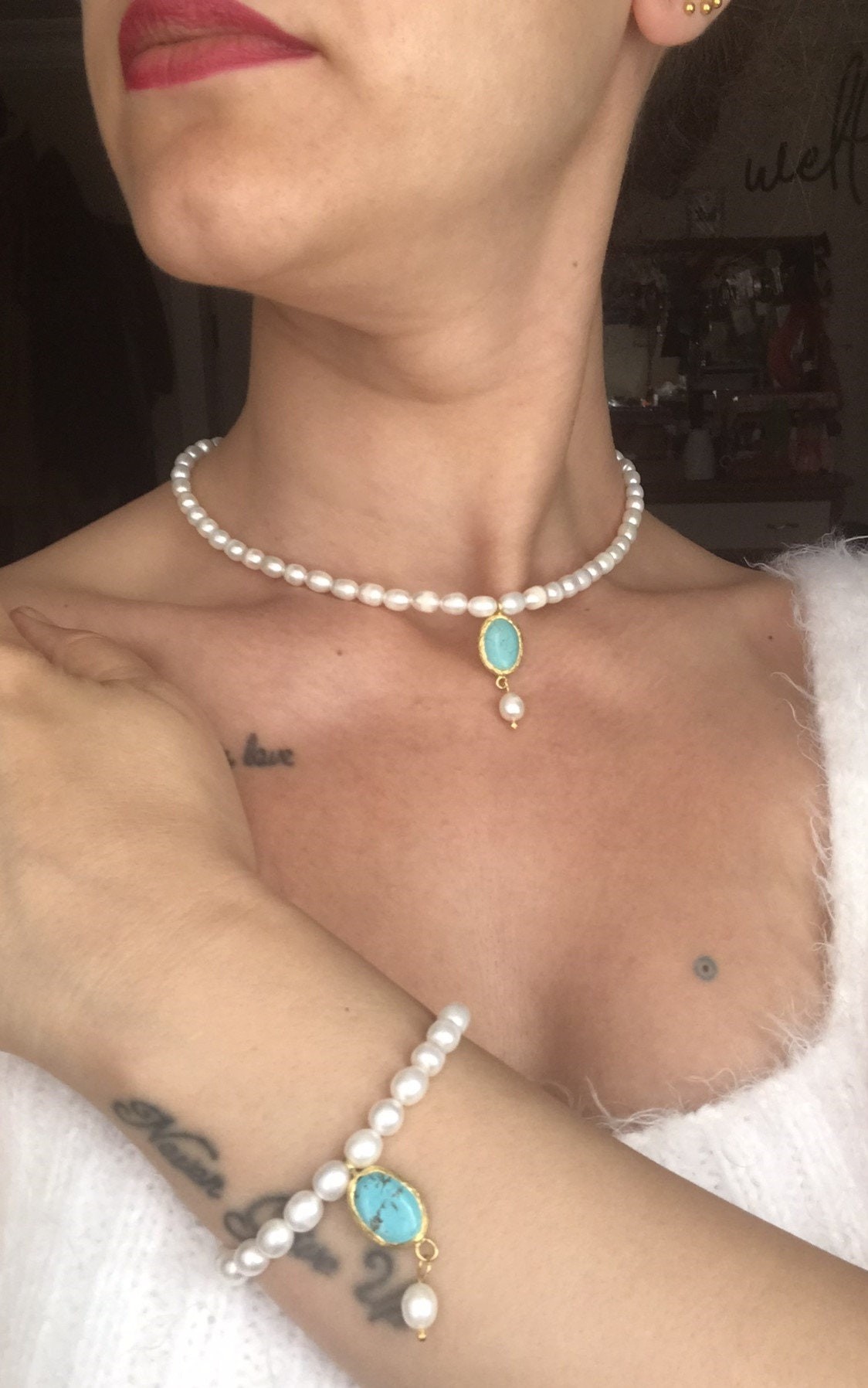 NEW! Special Design Blue Turquoise Baroque Pearl Combination Necklace