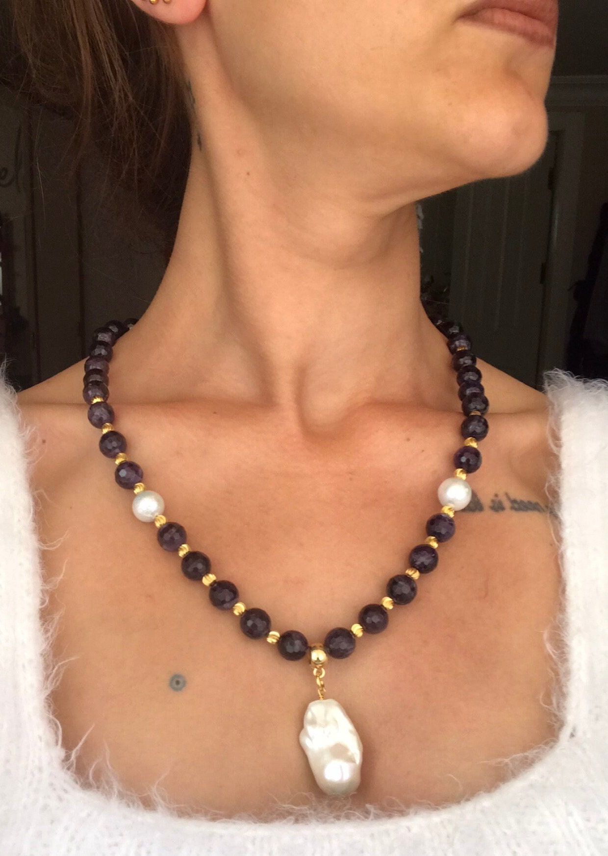 Ametist & İnci Kombin Kolye