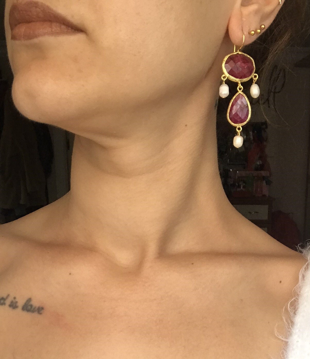 Yakut & İnci Kombin Küpe