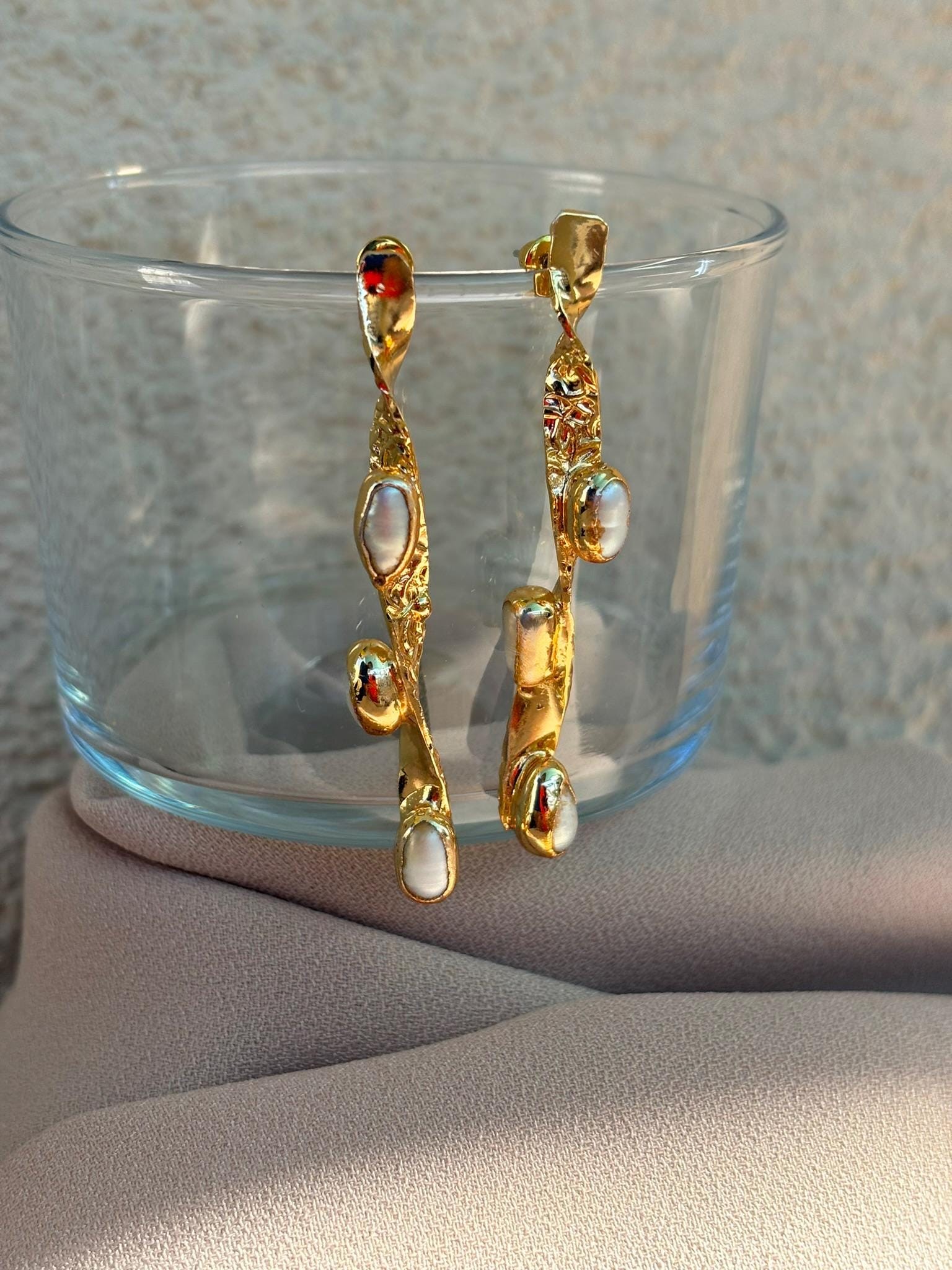 YENİ! Uzun Spiral Tasarım İnci Küpe, Arpa İnci Uzun Küpe