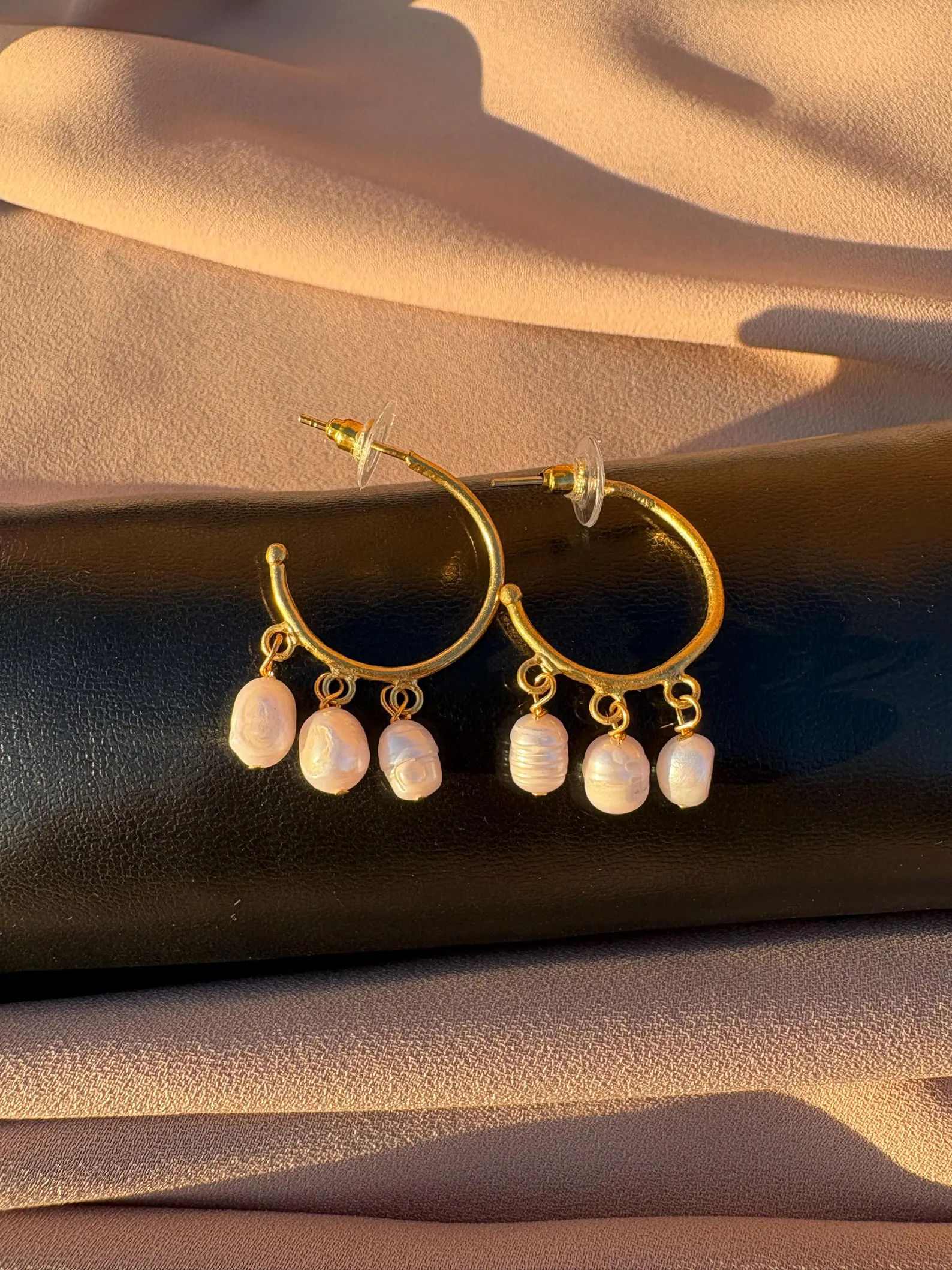 Natural Three Pearl Hoop Earrings