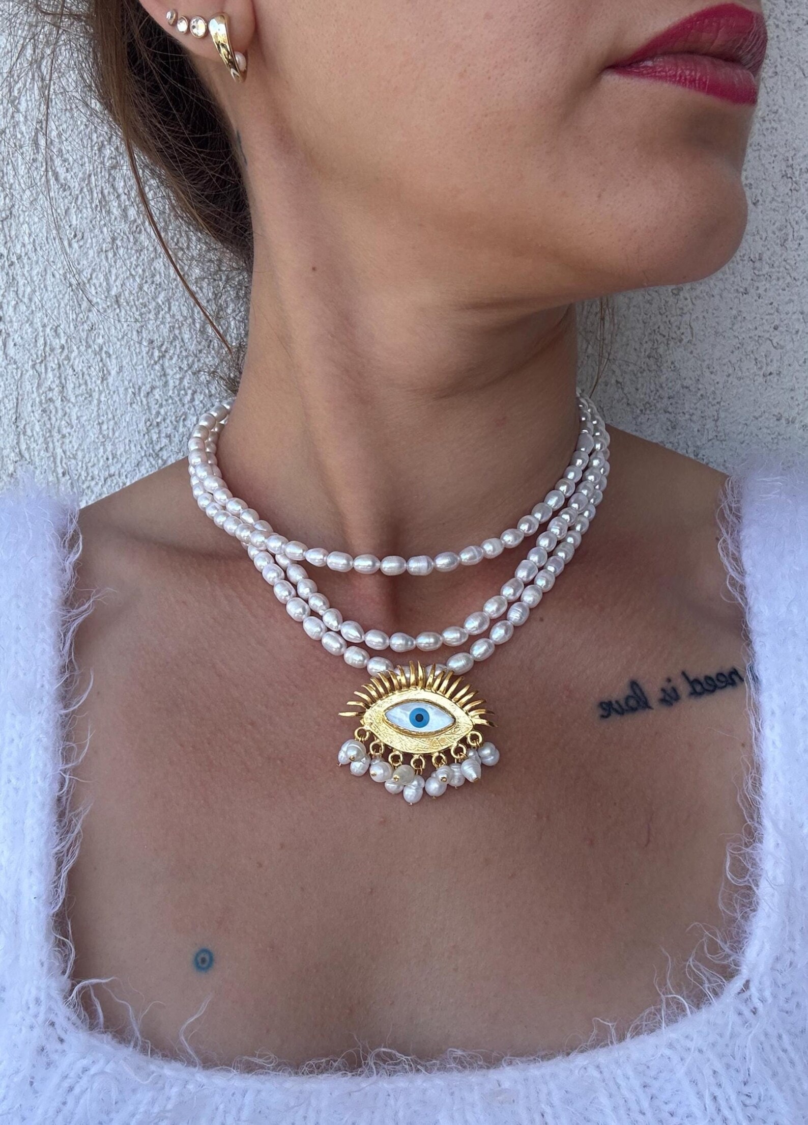 Üçlü İnci Dizi Nazar Göz Küpe