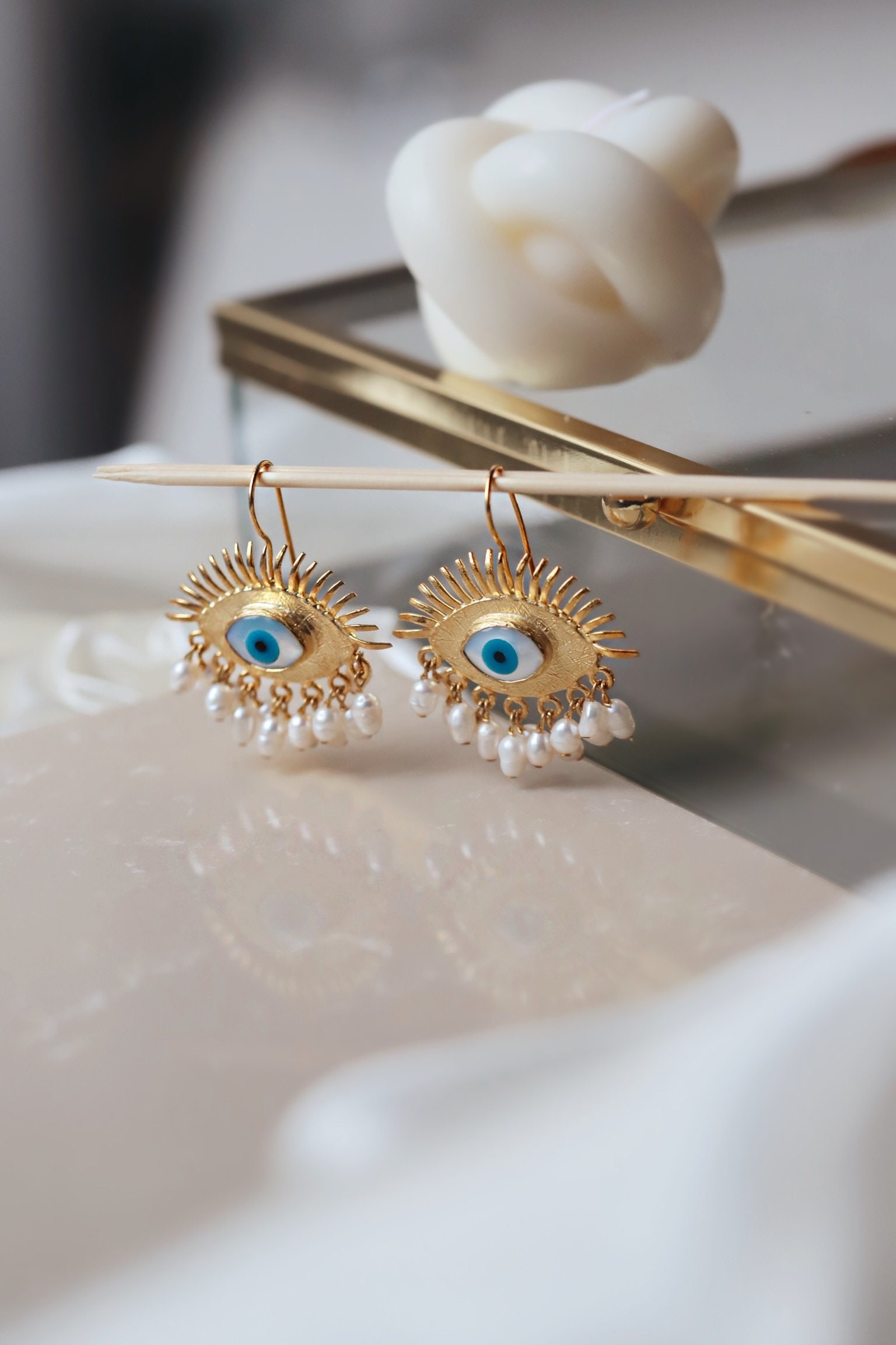 Evil Eye Protection Earrings, Freshwater Pearl Dangle Earrings