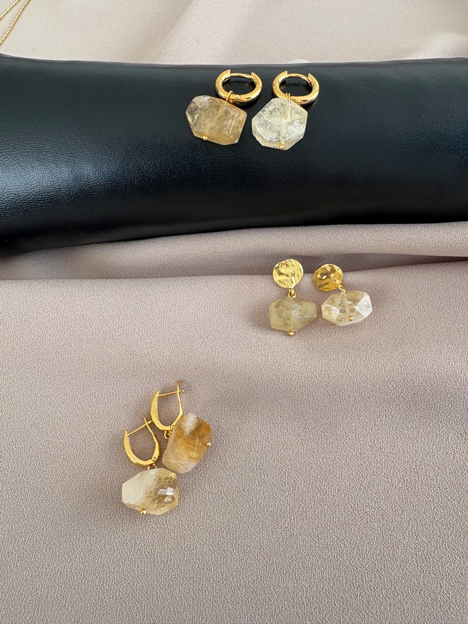 Elmas Kesim Doğal Sitrin Taş Küpeler