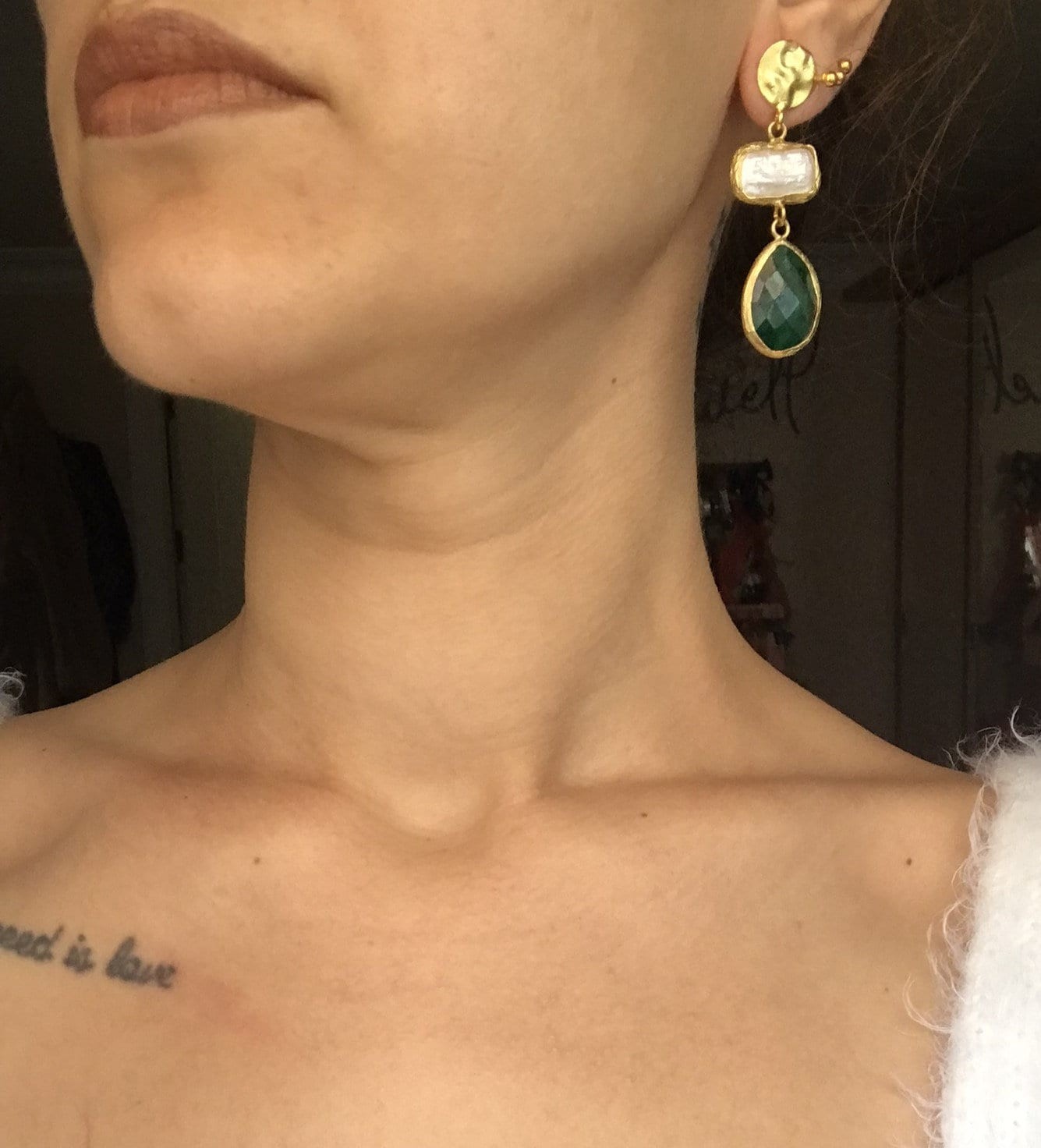 YENİ ! İnci Zümrüt Kombinasyon Küpe, Doğal Taş İnci Tasarım Küpe
