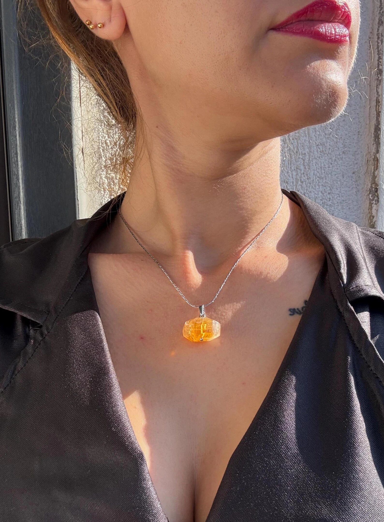  Doğal Sitrin Taşlı Kare Zincir Kolyeler