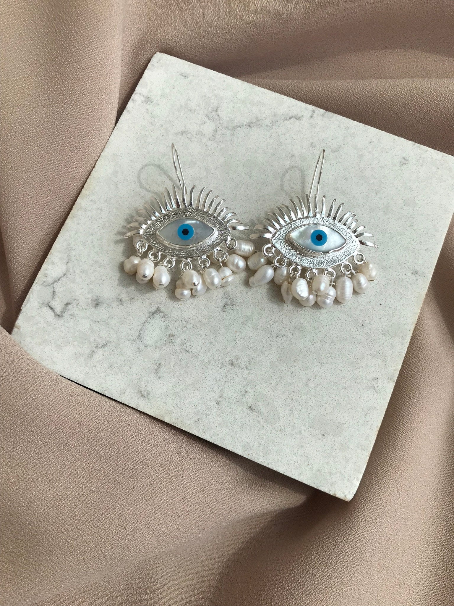 Evil Eye Protection Earrings, Freshwater Pearl Dangle Earrings