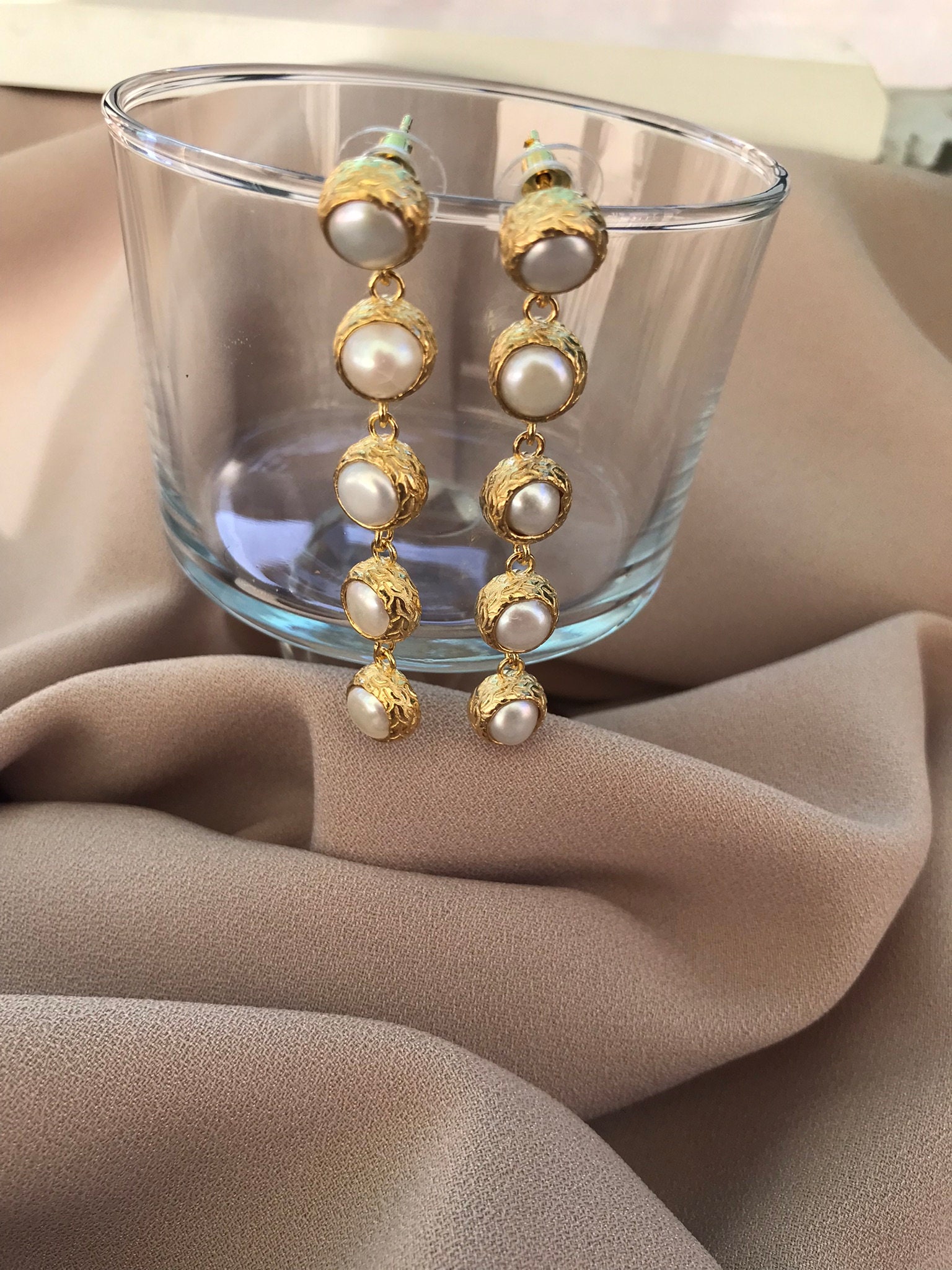 Beşli İnci Dizi Küpe