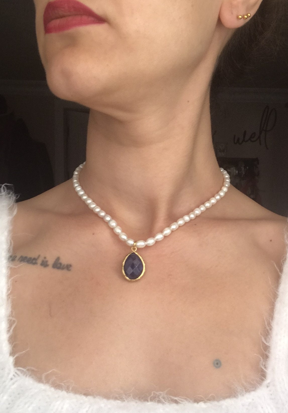 İnci Dizi Damla Kesim Safir Kolye