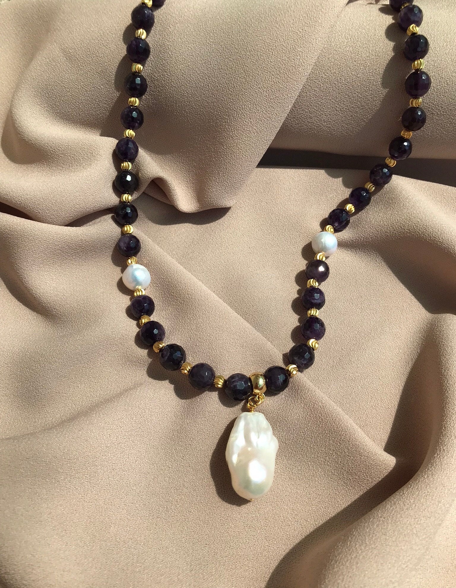 Ametist & İnci Kombin Kolye