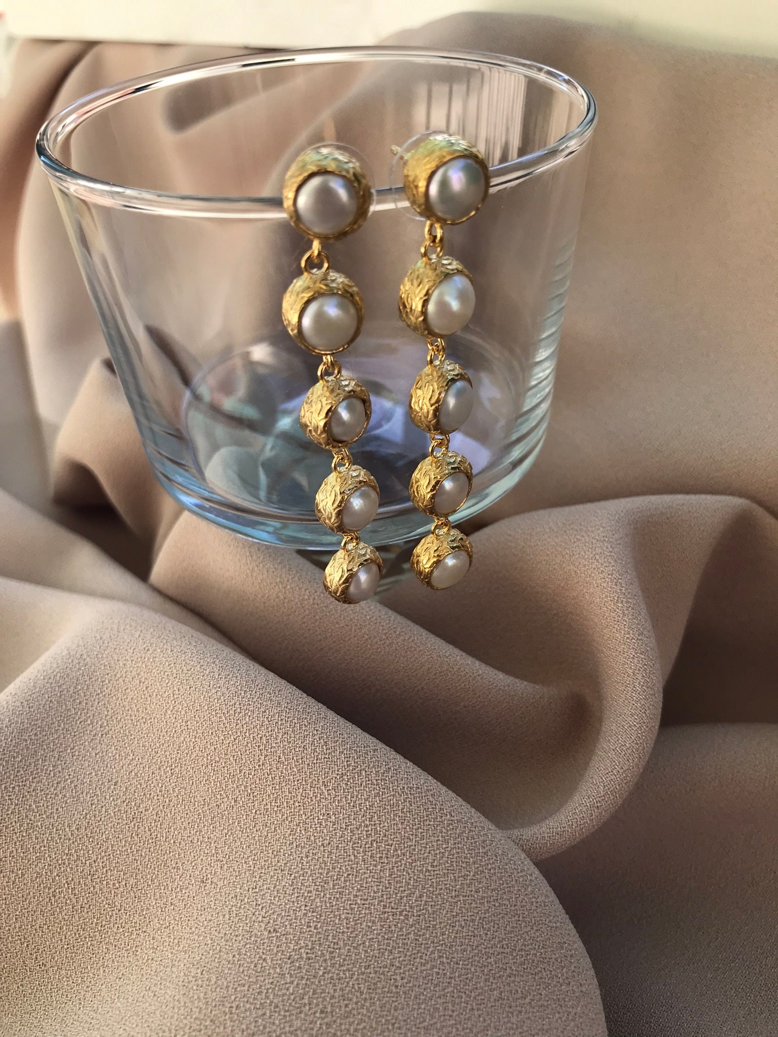 Beşli İnci Dizi Küpe