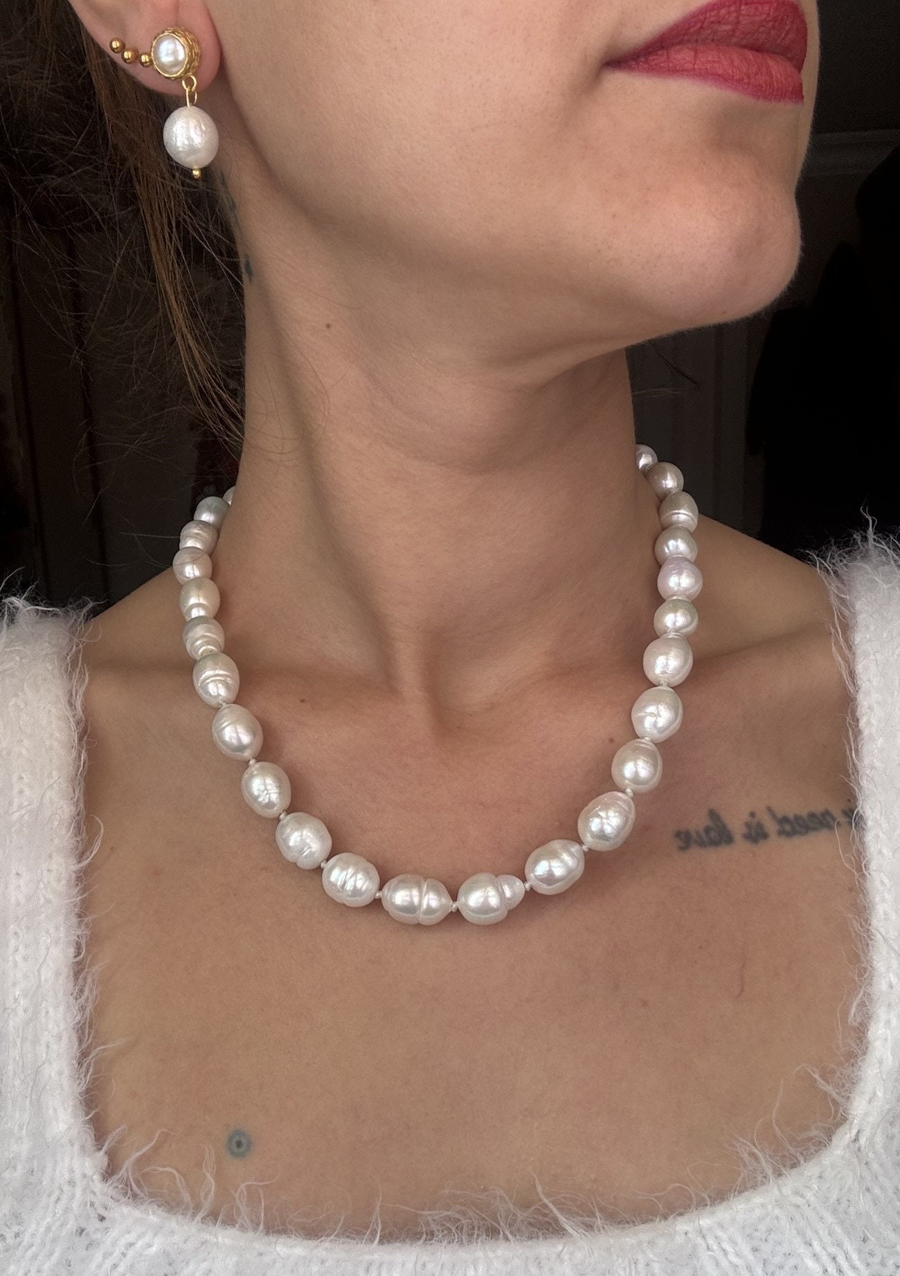 NEW ! Large Edison Pearl Necklace, White Baroque Necklace