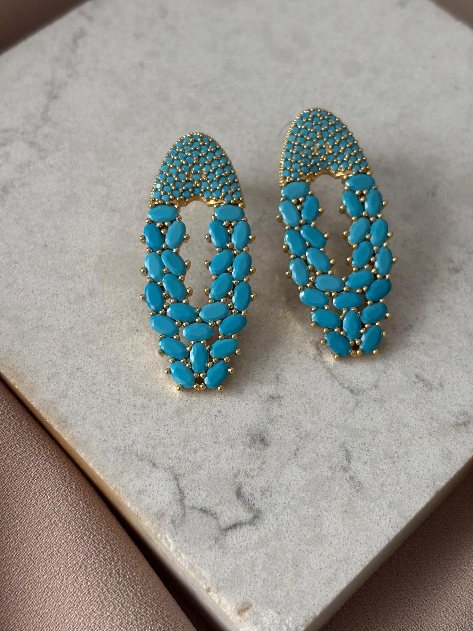 YENİ ! Turkuaz Zirkon Taşlı Oval Küpe, Özel Tasarım El Yapımı Bronz Küpe