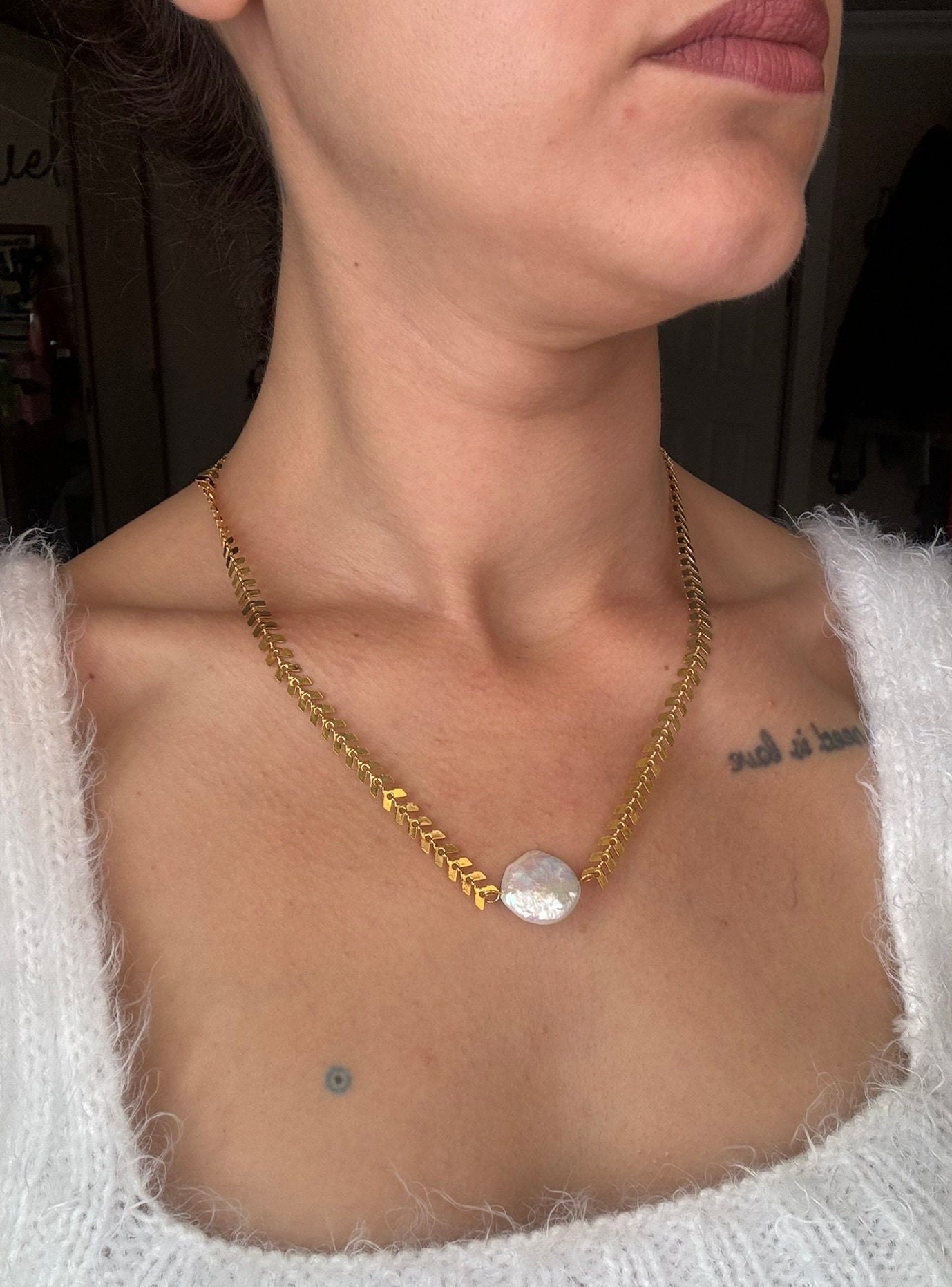 NEW ! Leaf Chain Money Pearl Design Necklace