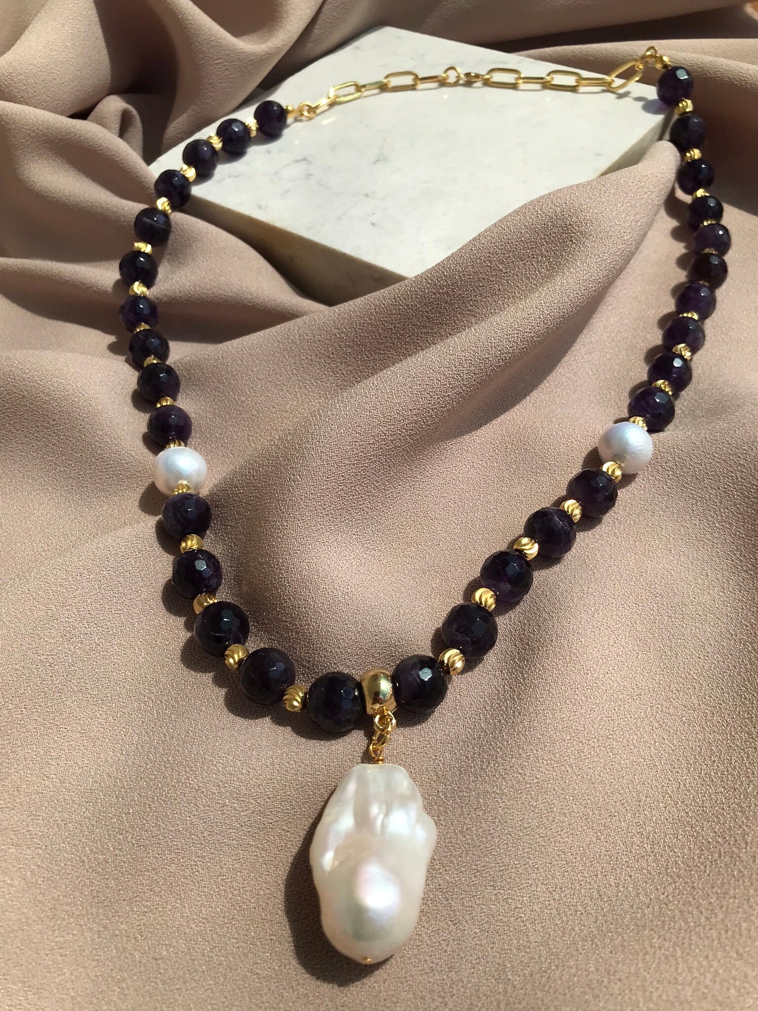 Ametist & İnci Kombin Kolye