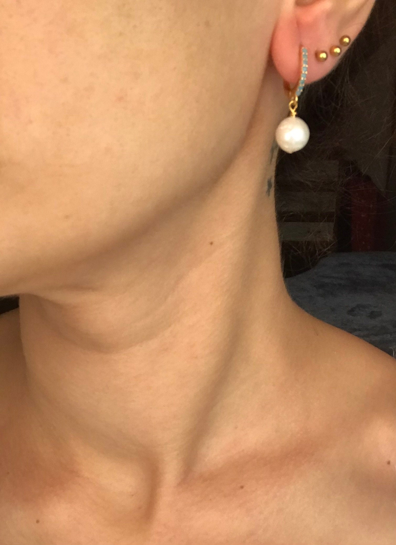 Turkuaz Taşlı İnci Küpe