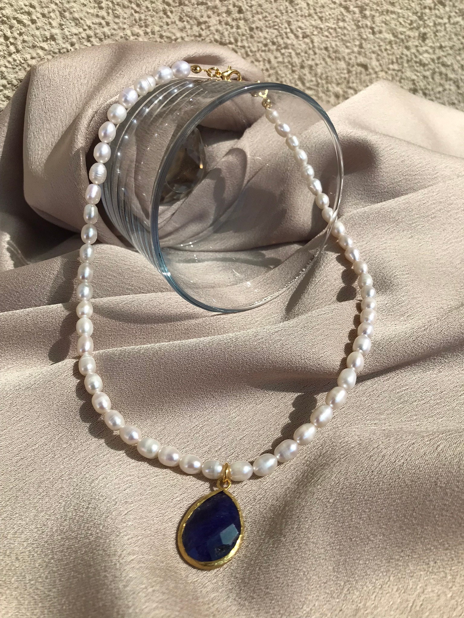 İnci Dizi Damla Kesim Safir Kolye