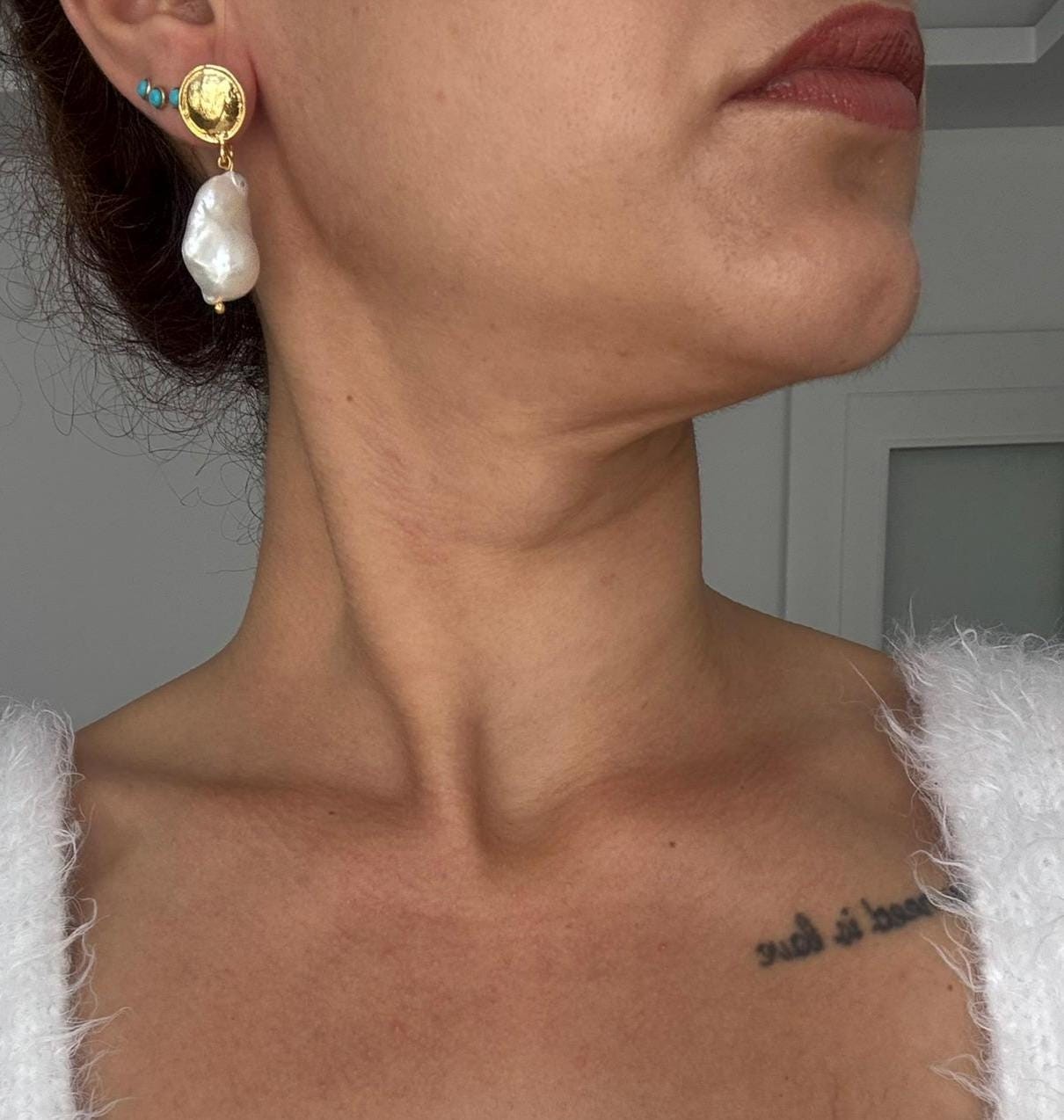 YENİ! Düz Döküm Taç Doğal Barok İnci Küpeler