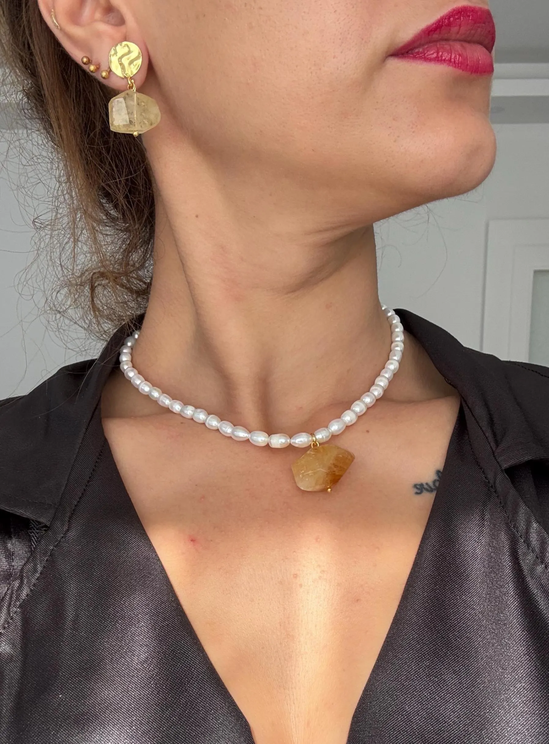 Zamansız Doğal Sitrin Taşı İnci Kolyeler