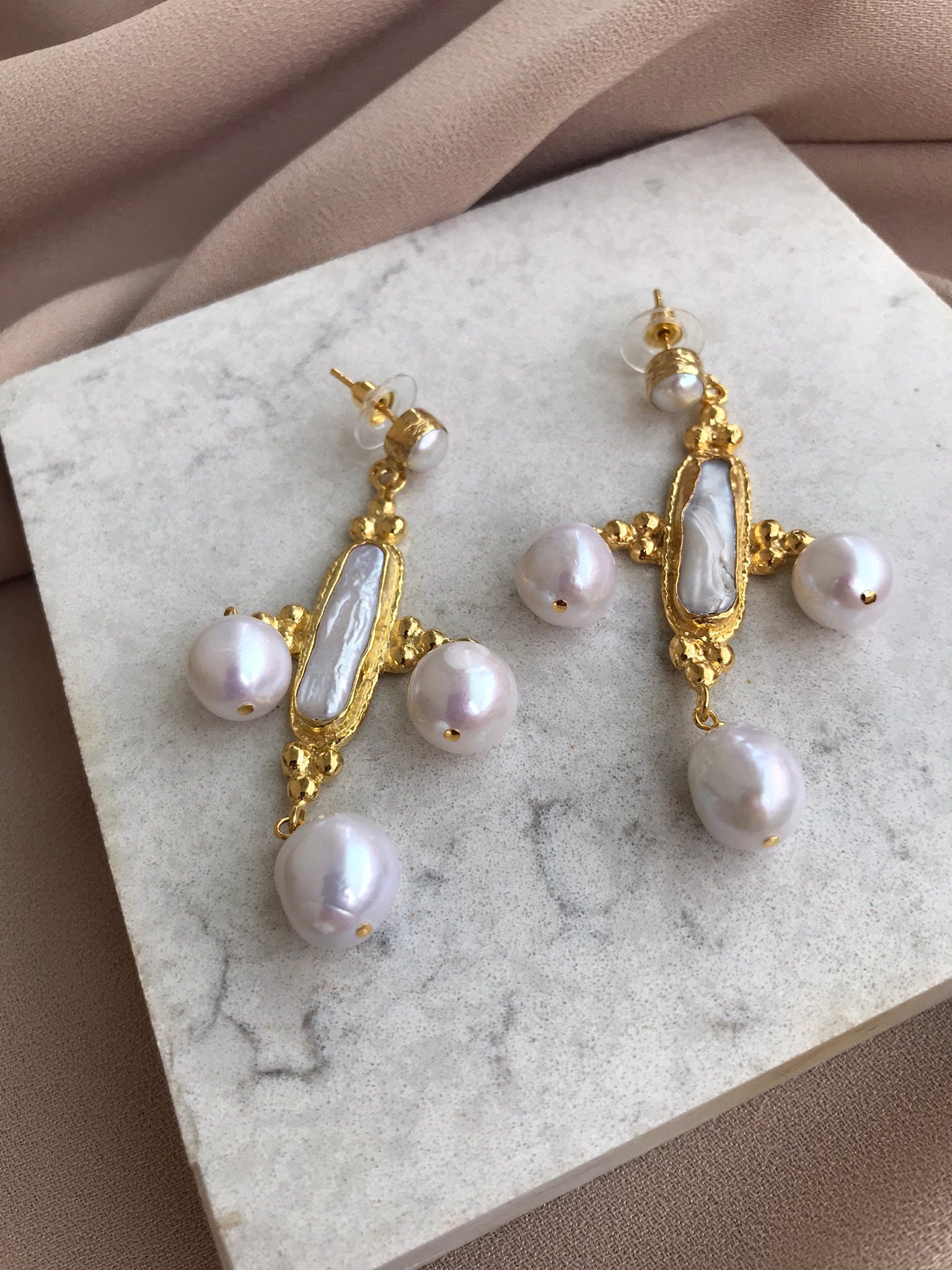 Üçlü Barok İnci Özel Tasarım Küpe