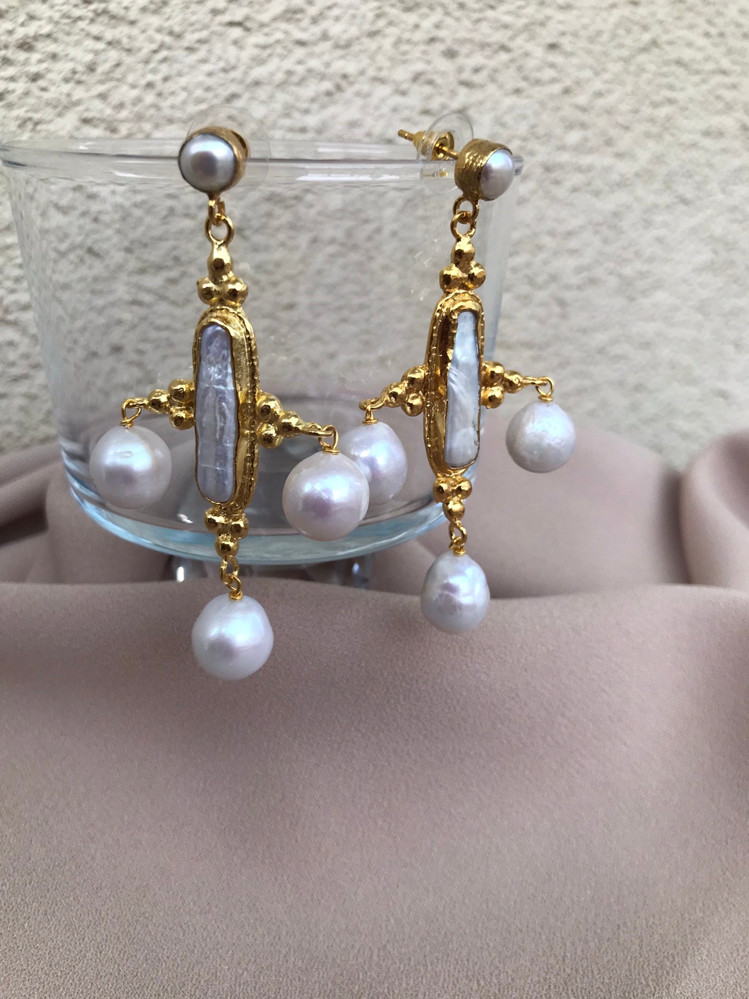 Üçlü Barok İnci Özel Tasarım Küpe