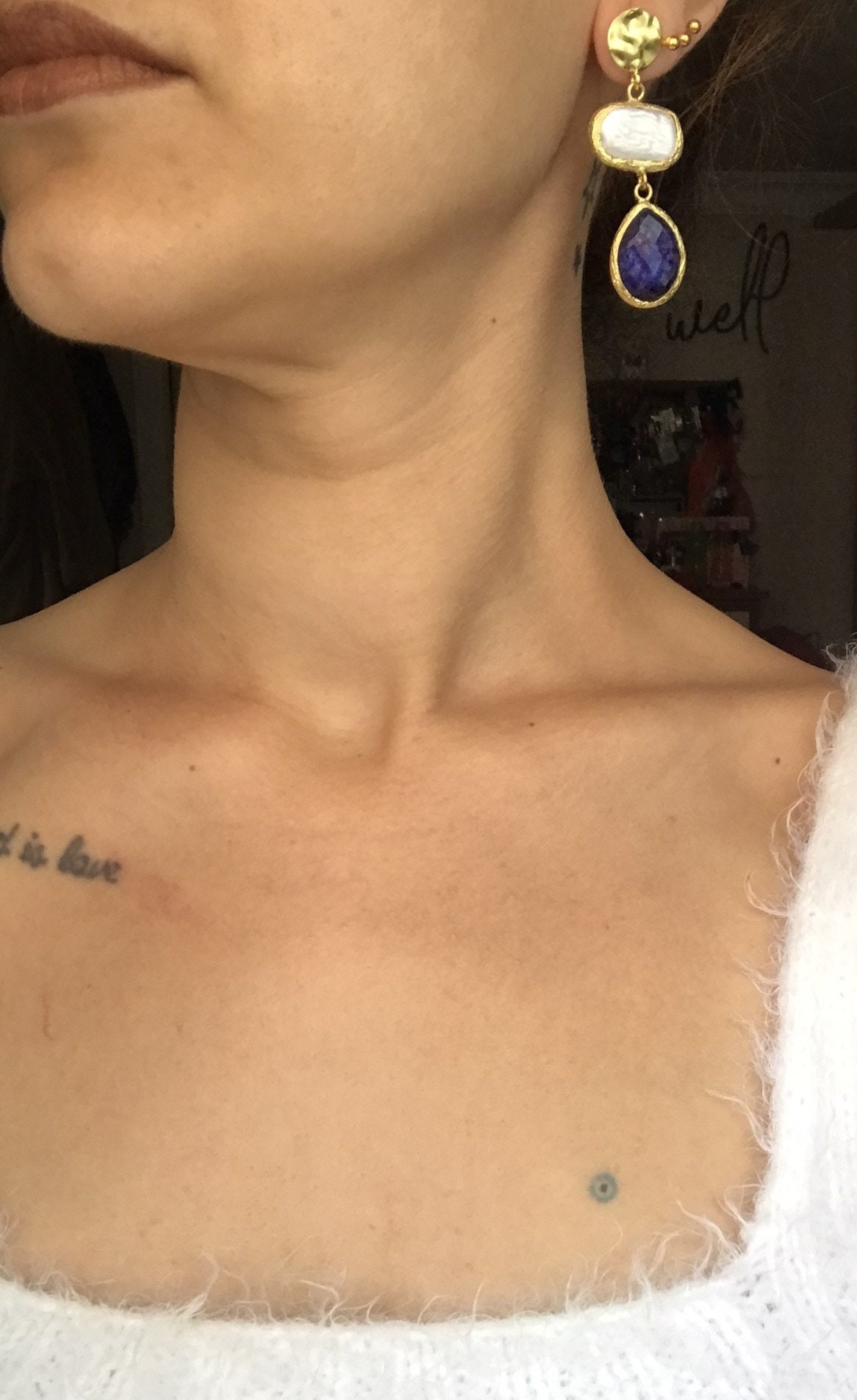 YENİ ! İnci Safir Kombinasyon Küpe, Doğal Taş İnci Tasarım Küpe
