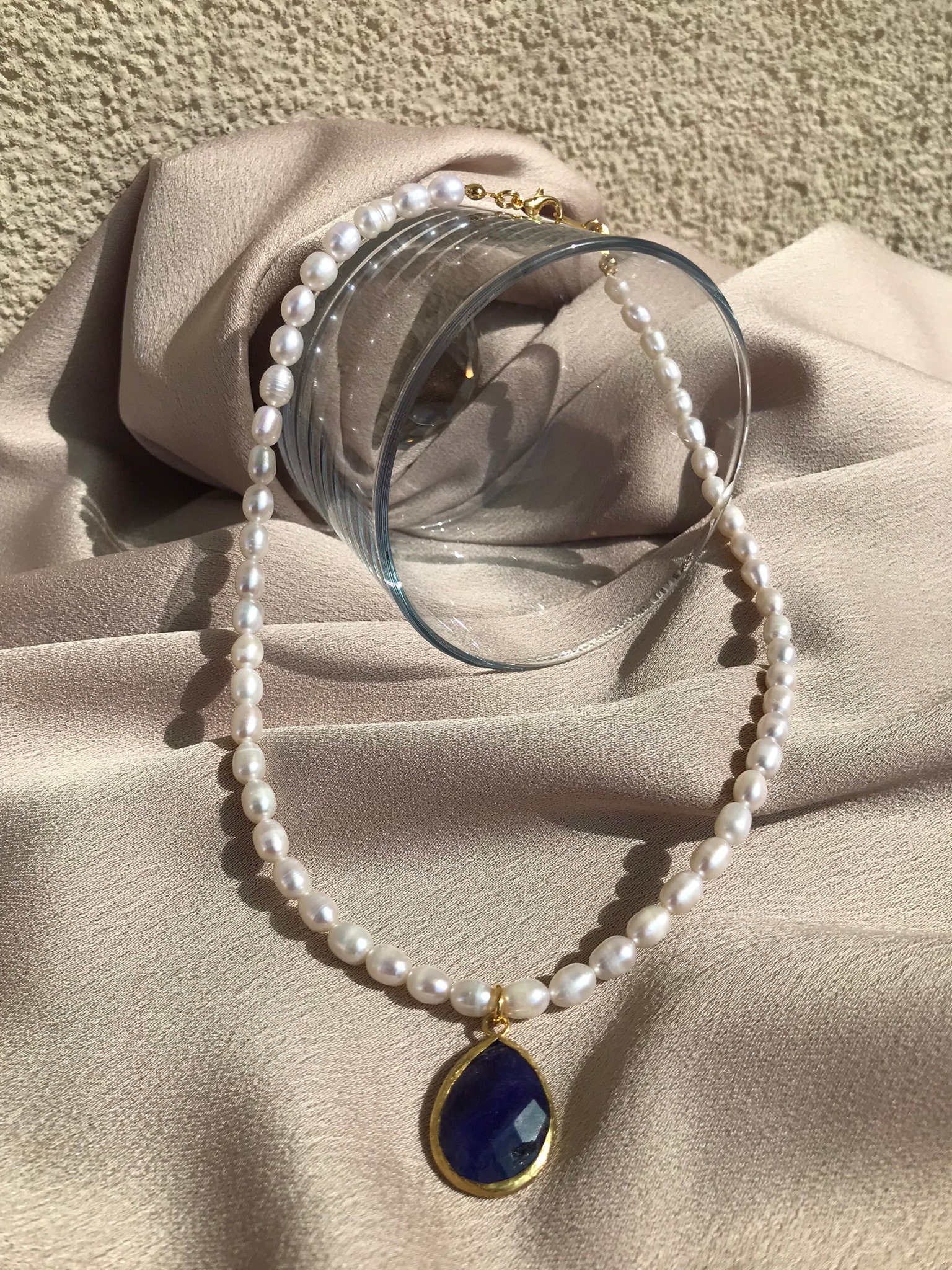 İnci Dizi Damla Kesim Safir Kolye