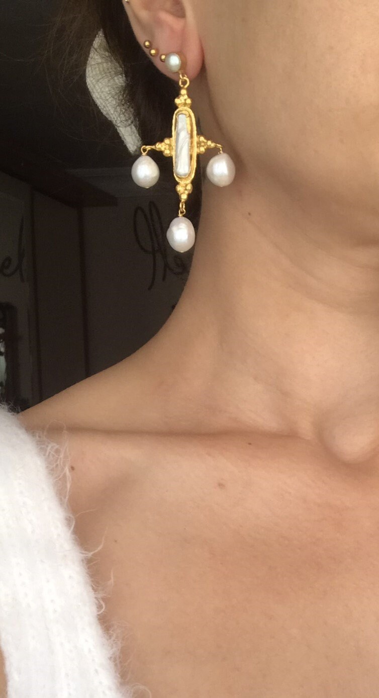 Üçlü Barok İnci Özel Tasarım Küpe