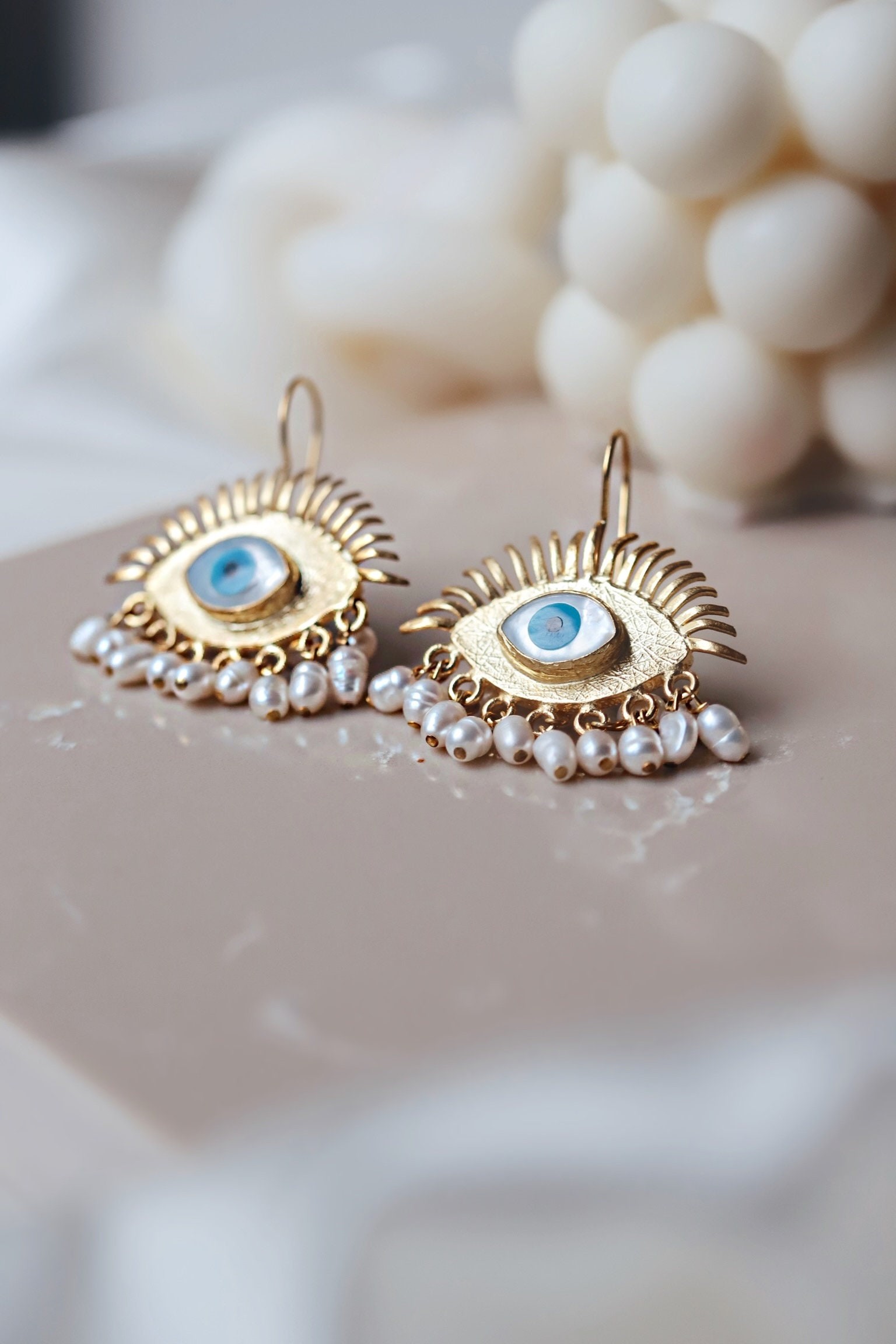 Evil Eye Protection Earrings, Freshwater Pearl Dangle Earrings