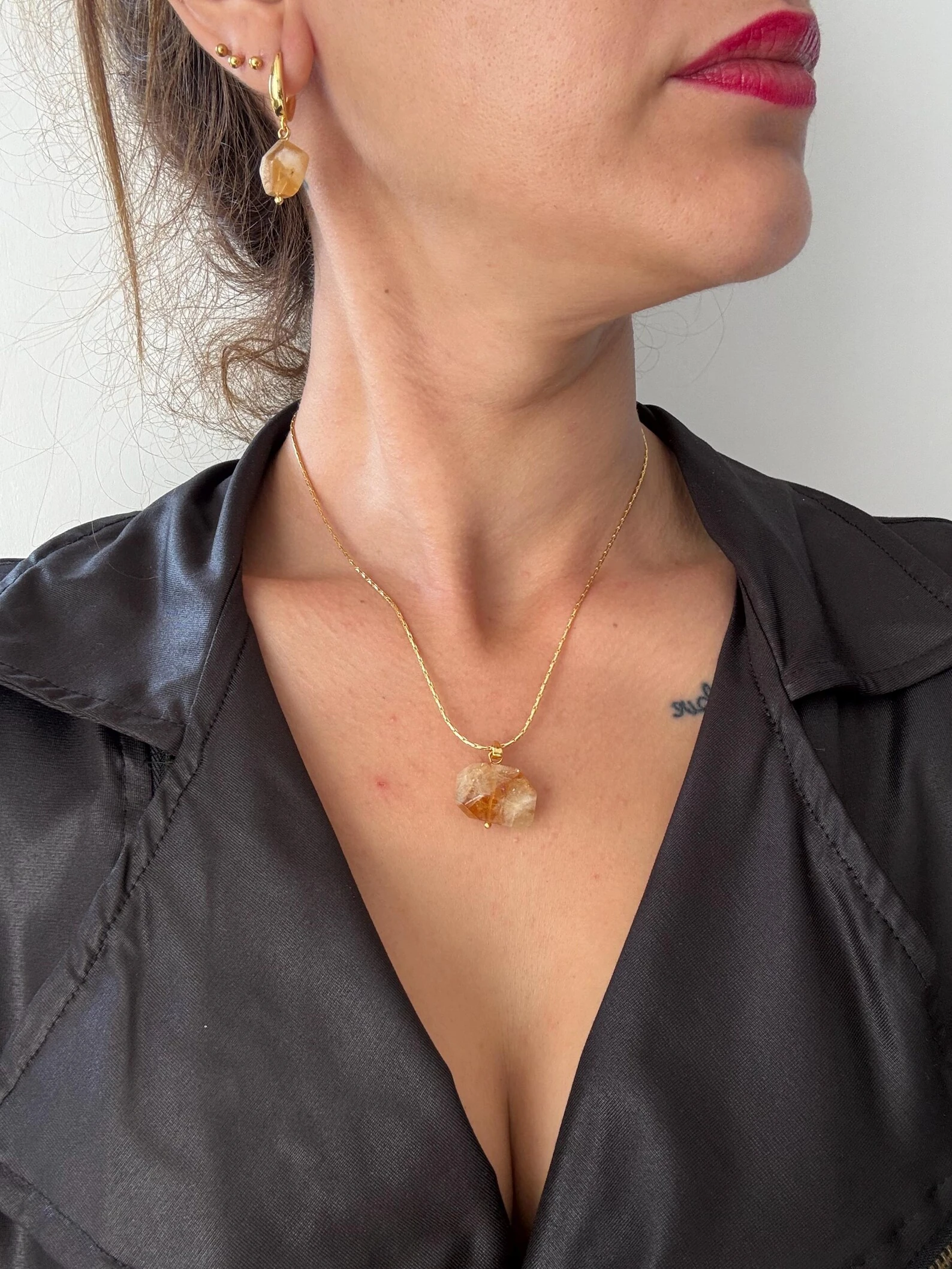  Doğal Sitrin Taşlı Kare Zincir Kolyeler