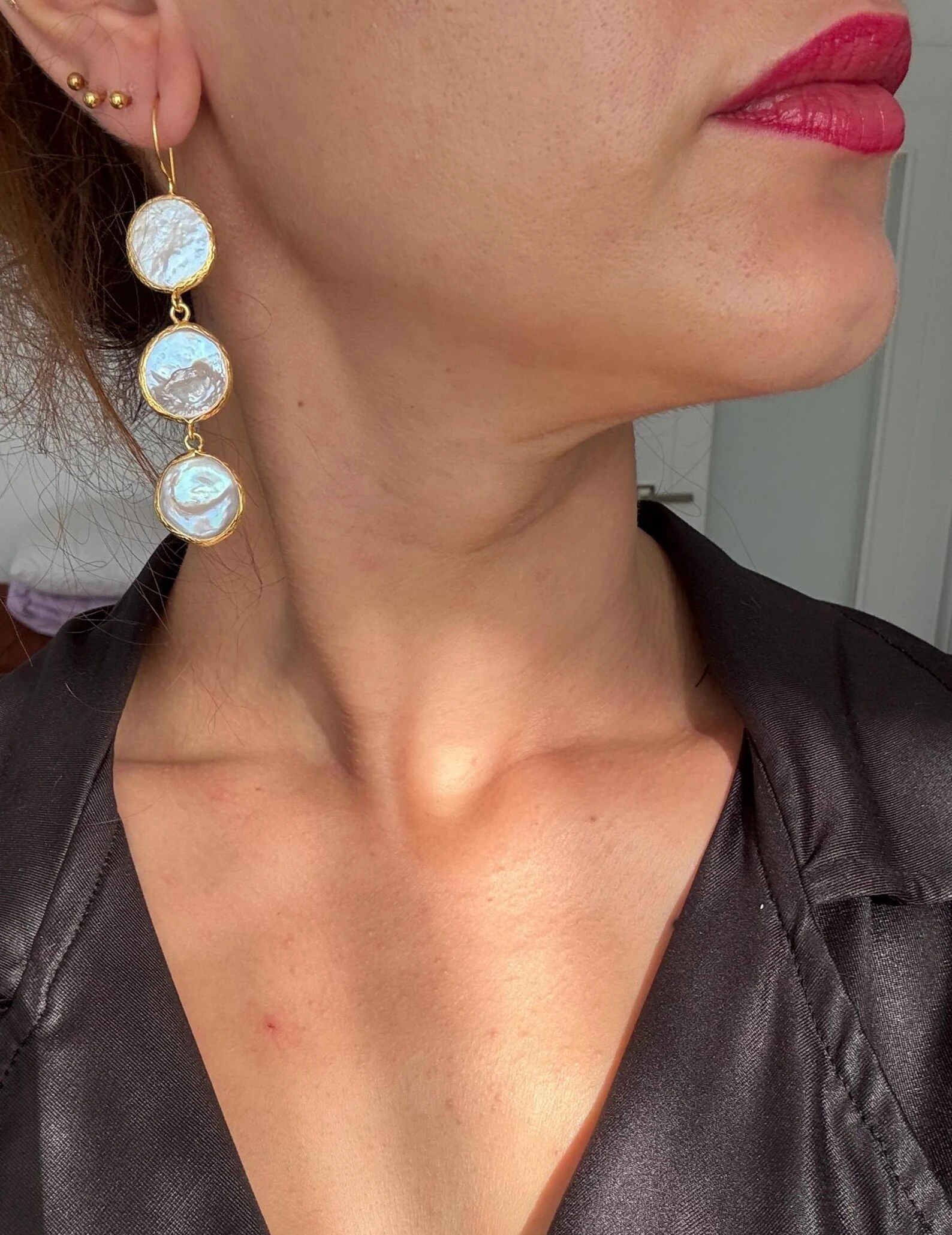 Üçlü Madeni Para İnci Uzun Küpeler