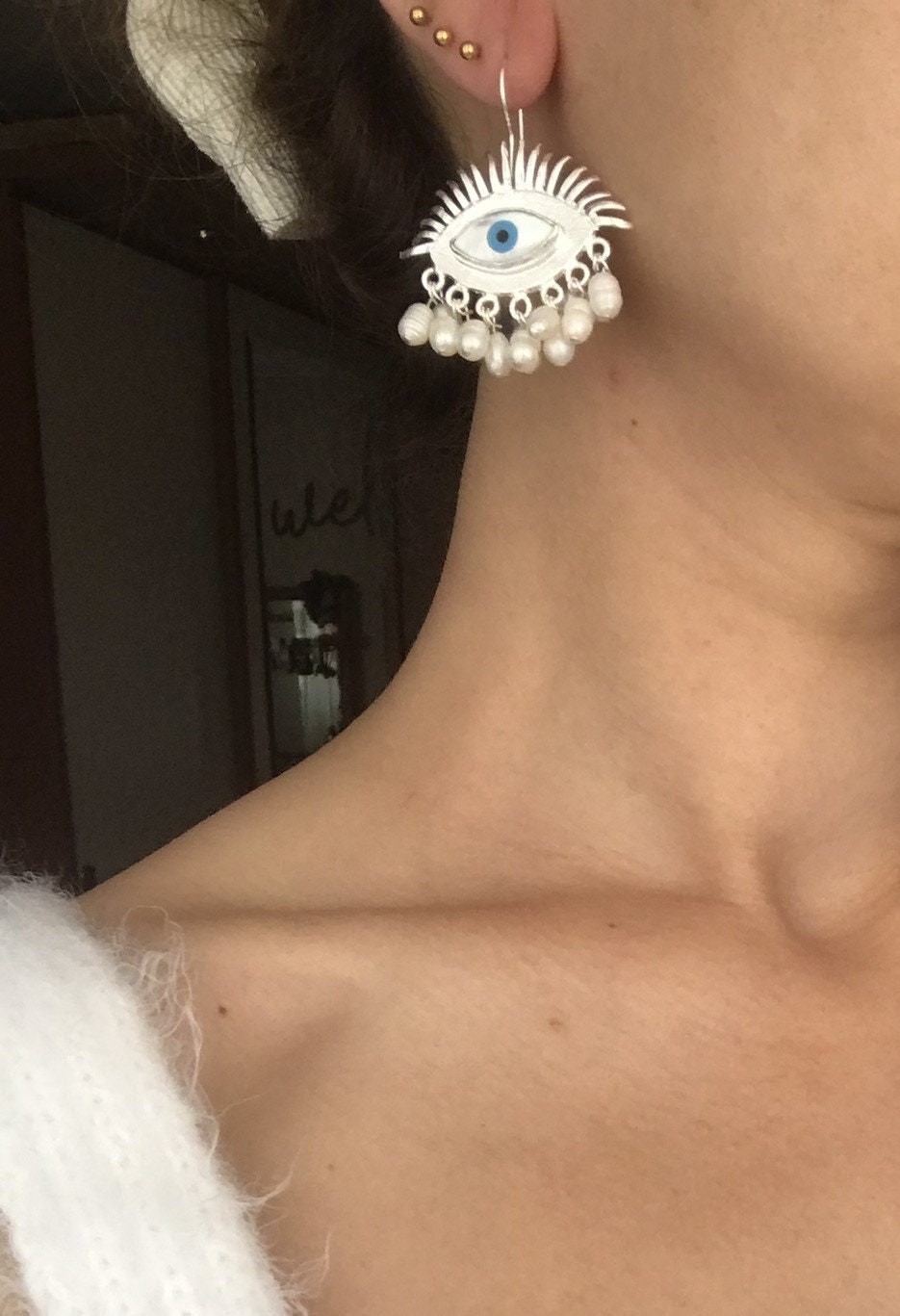 Evil Eye Protection Earrings, Freshwater Pearl Dangle Earrings