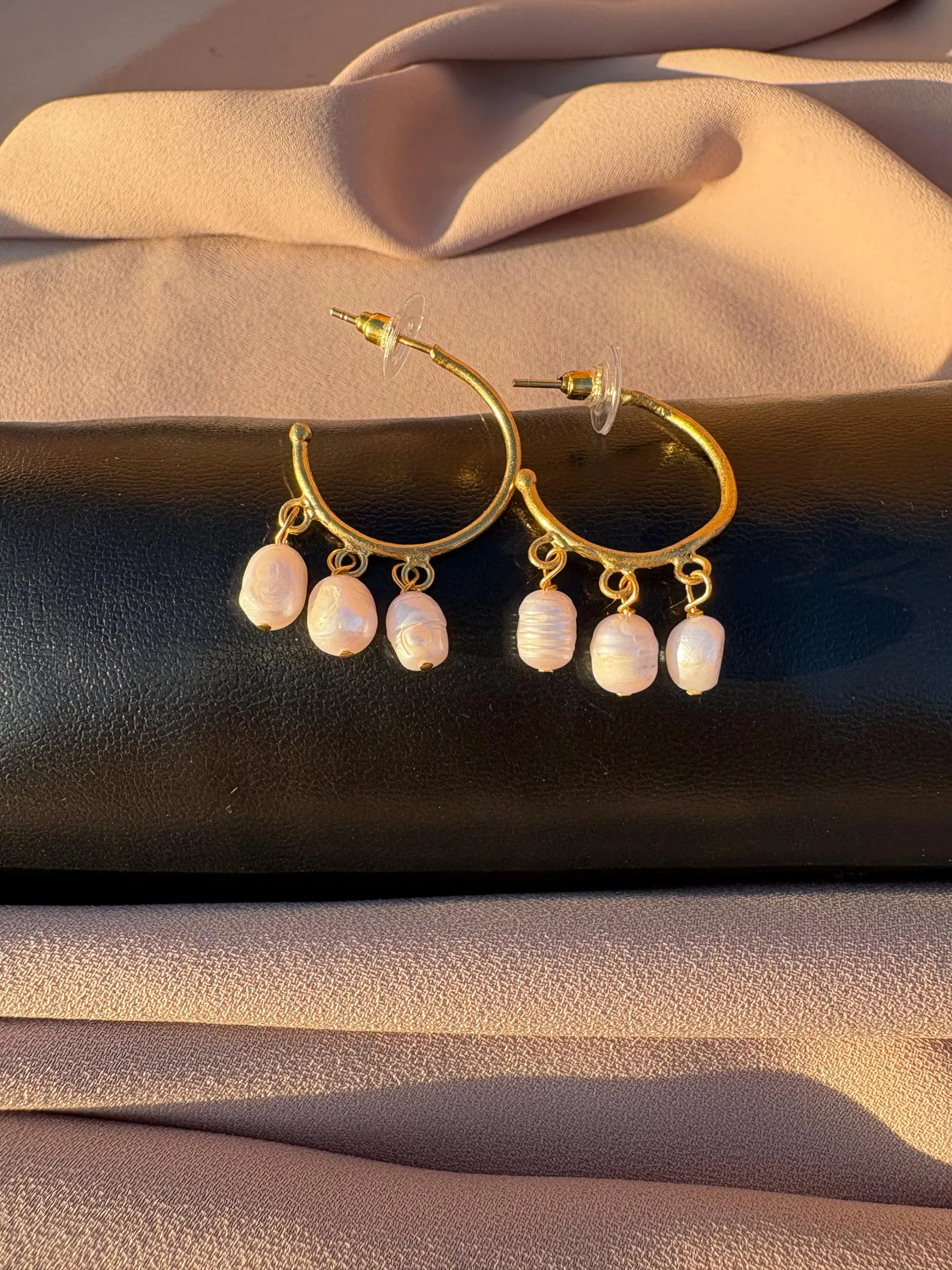Natural Three Pearl Hoop Earrings
