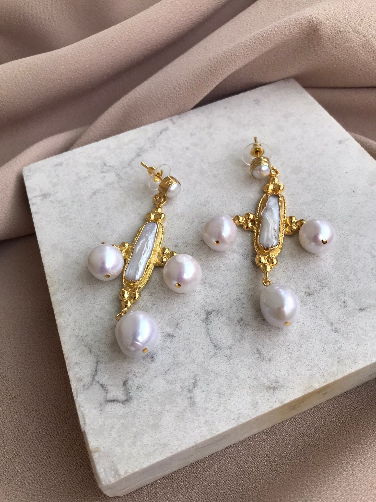 Üçlü Barok İnci Özel Tasarım Küpe