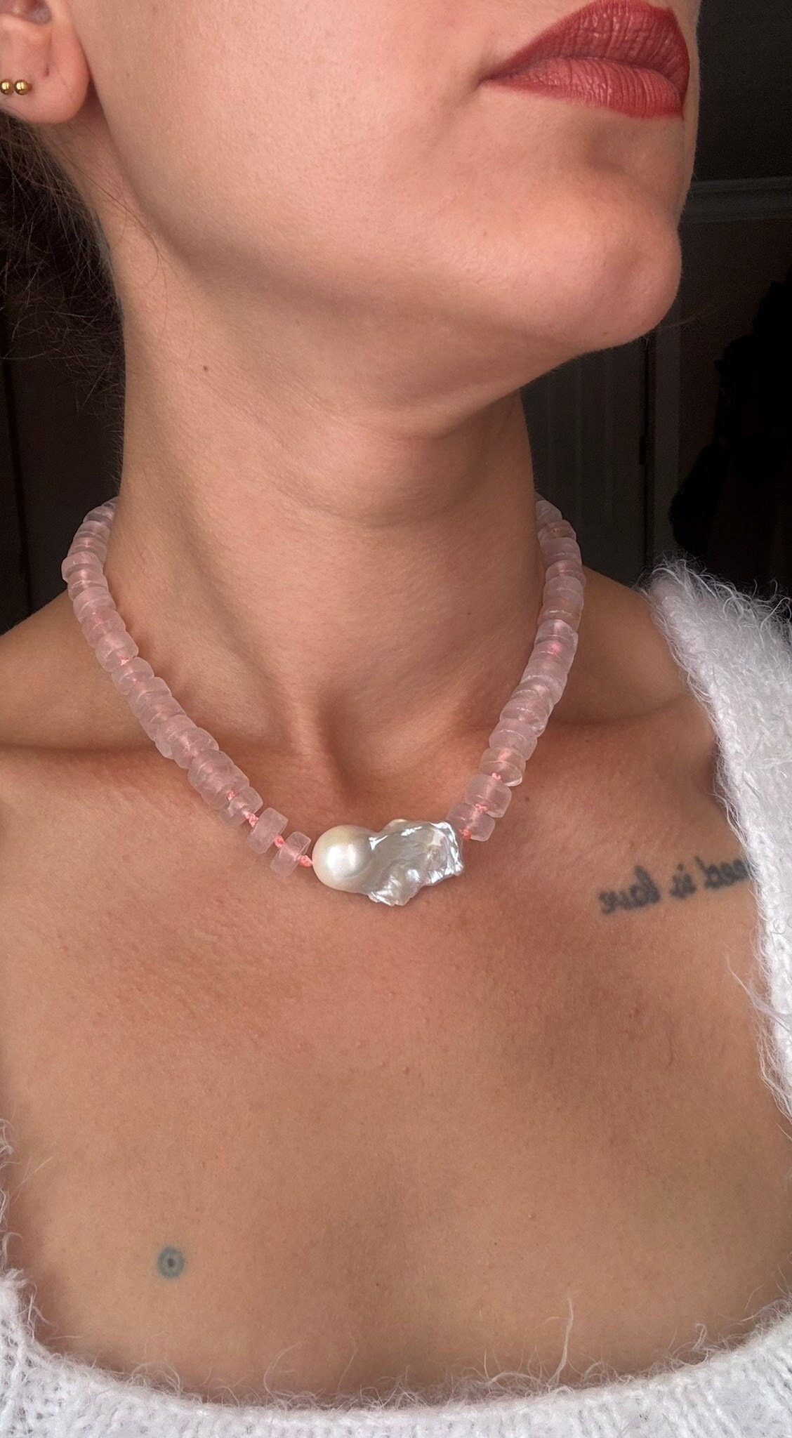 Pembe Kuvars & İnci Kombin Kolye