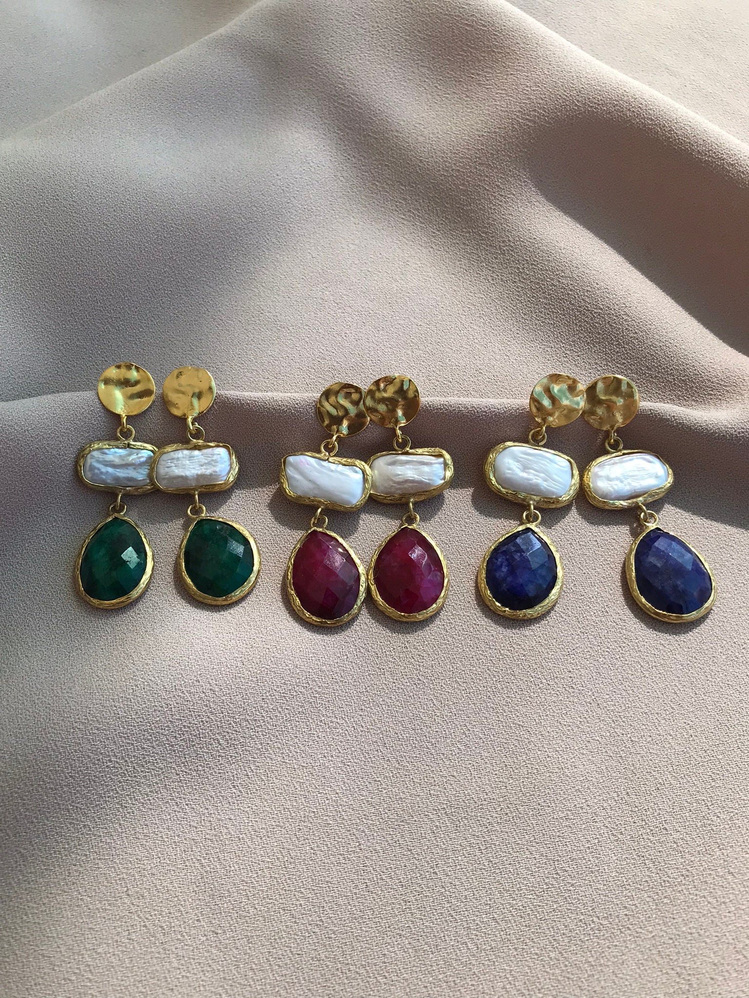 YENİ ! İnci Safir Kombinasyon Küpe, Doğal Taş İnci Tasarım Küpe