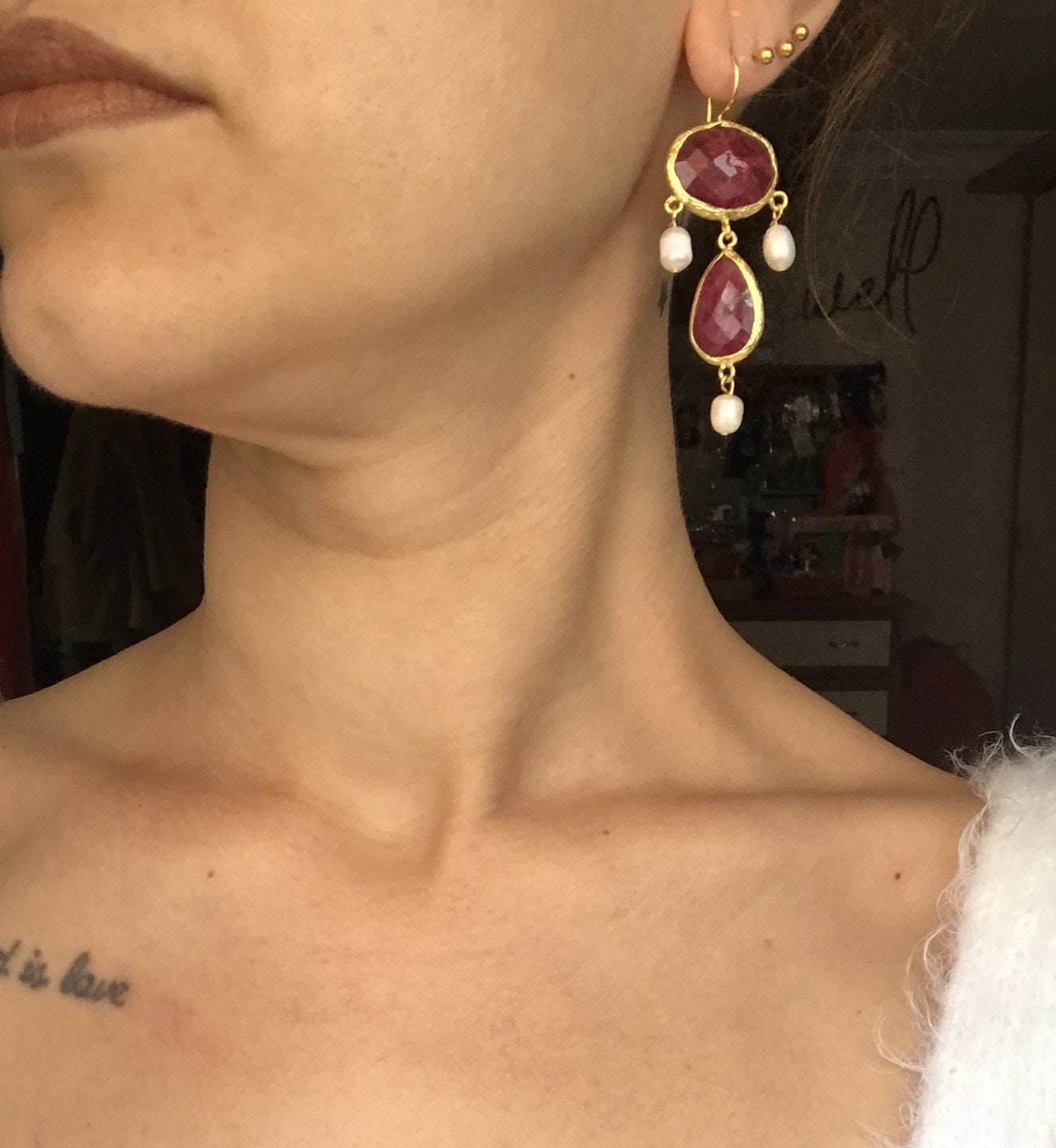 Yakut & İnci Kombin Küpe