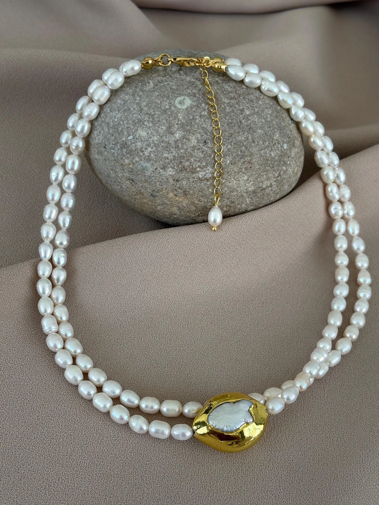 Altın Kaplama Barok İnci Çift Sıra Kolye