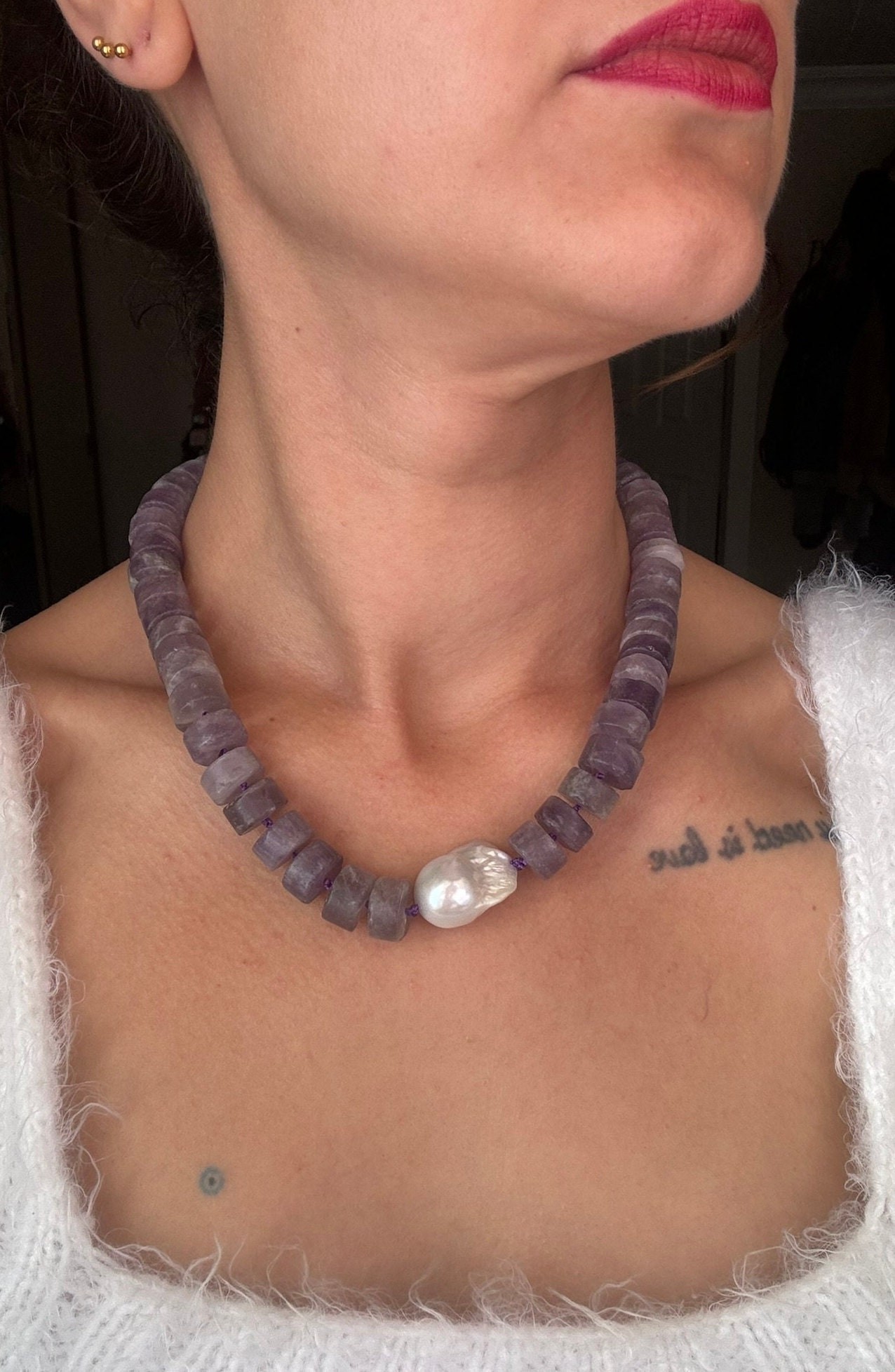YENİ ! Sade Gerçek Ametist İnci Kombinasyon Kolye