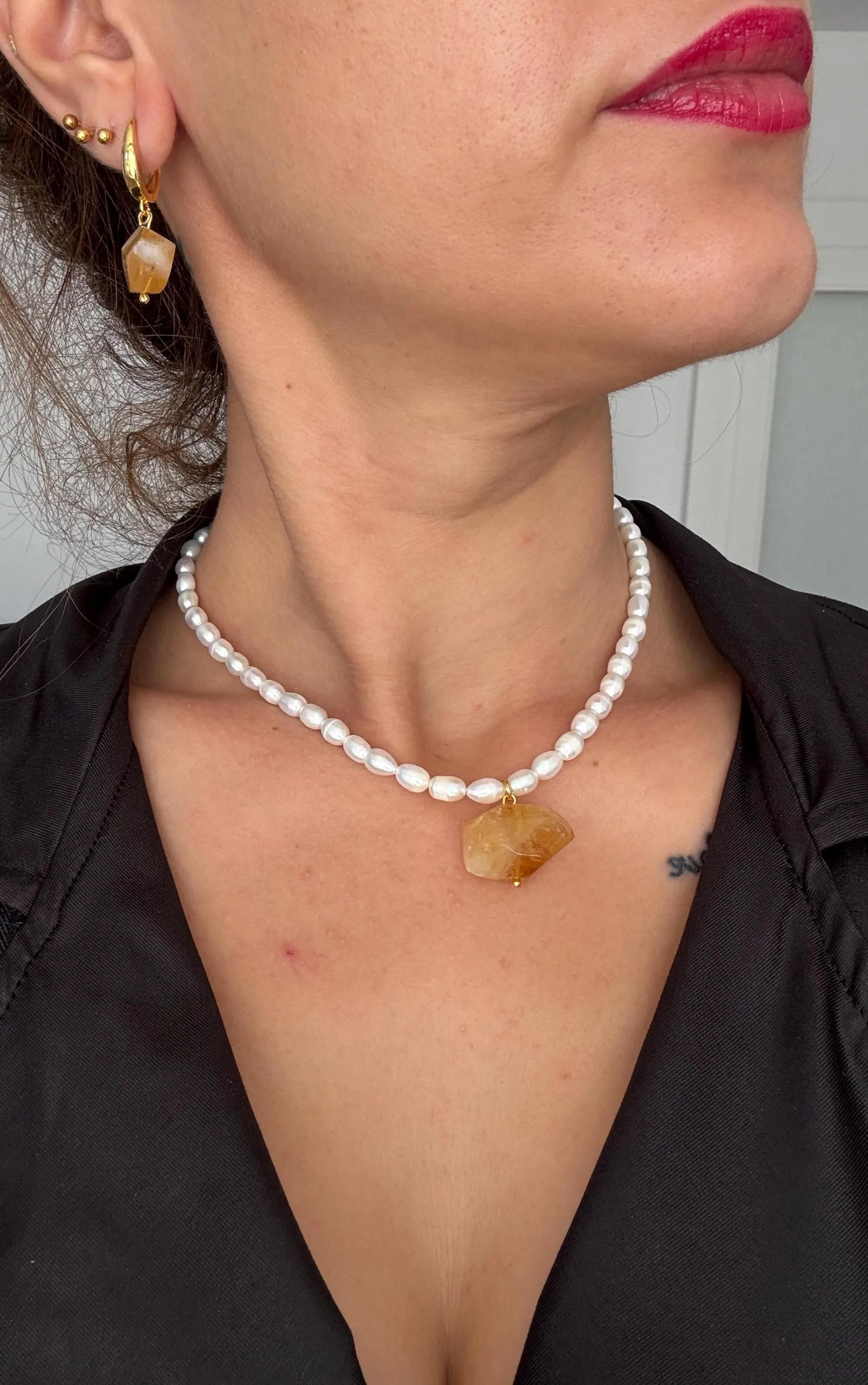 Zamansız Doğal Sitrin Taşı İnci Kolyeler