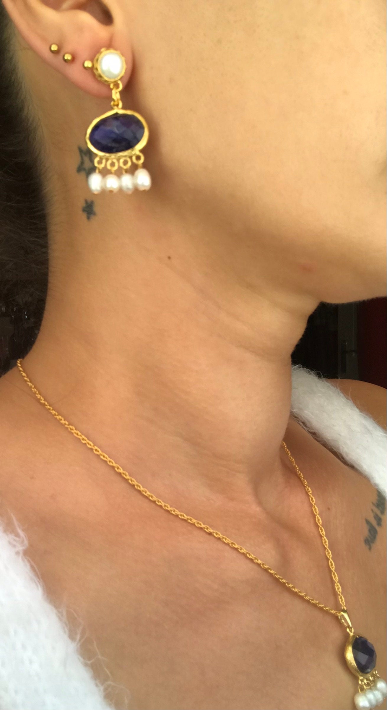 Safir & İnci Kombin Küpe