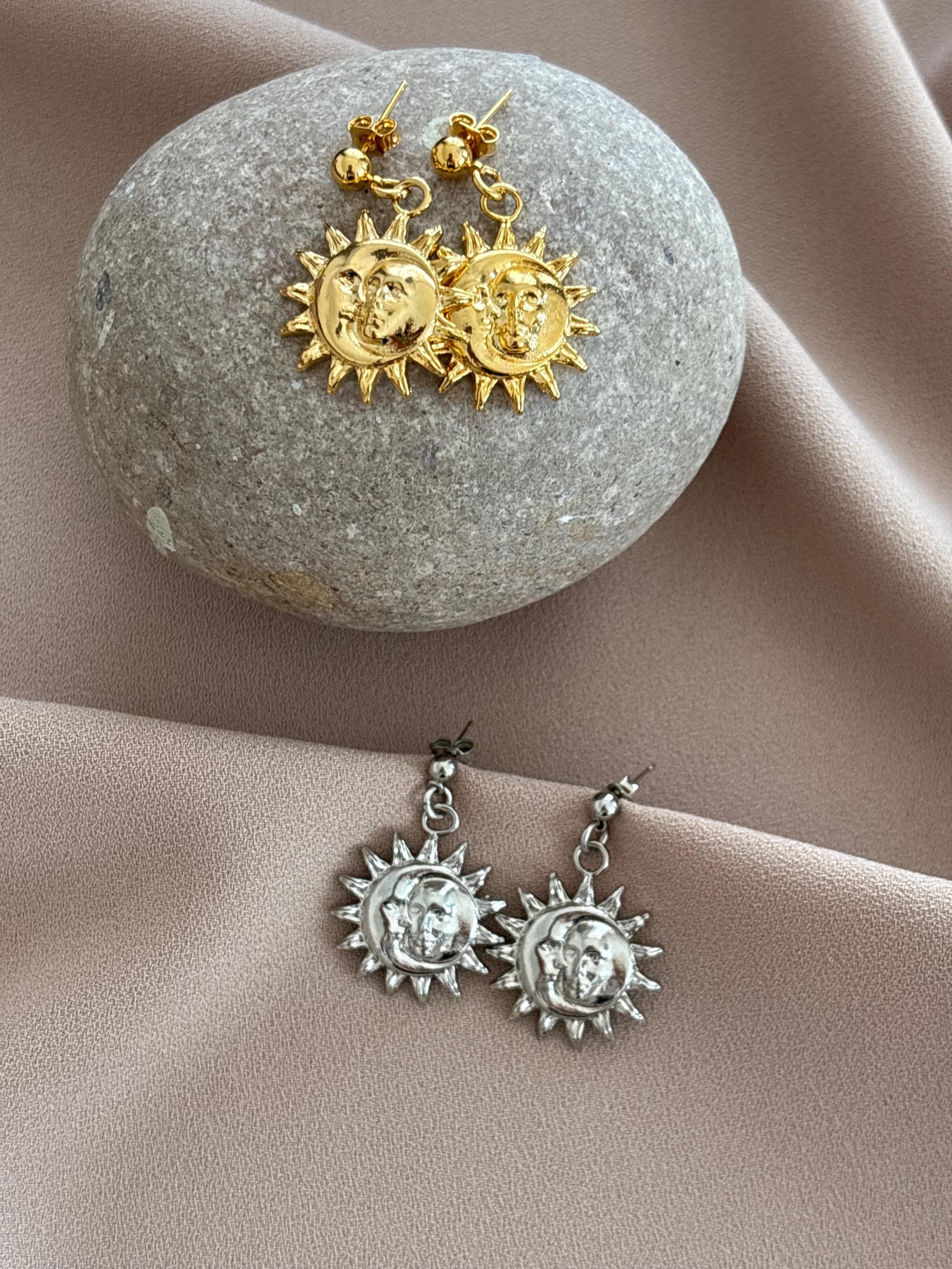 YENİ! Güneş Tasarım Küpe, Şık Güneş Küpe, Altın Modern Küpe